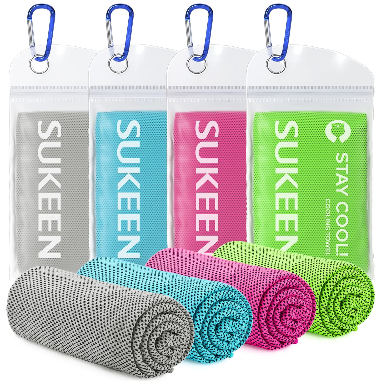 Sukeen 4pack Cooling Towel (40&Prime;x12&Prime;), 40&Prime; x 12&Prime;, Grey/Green/Pink/Lake Blue