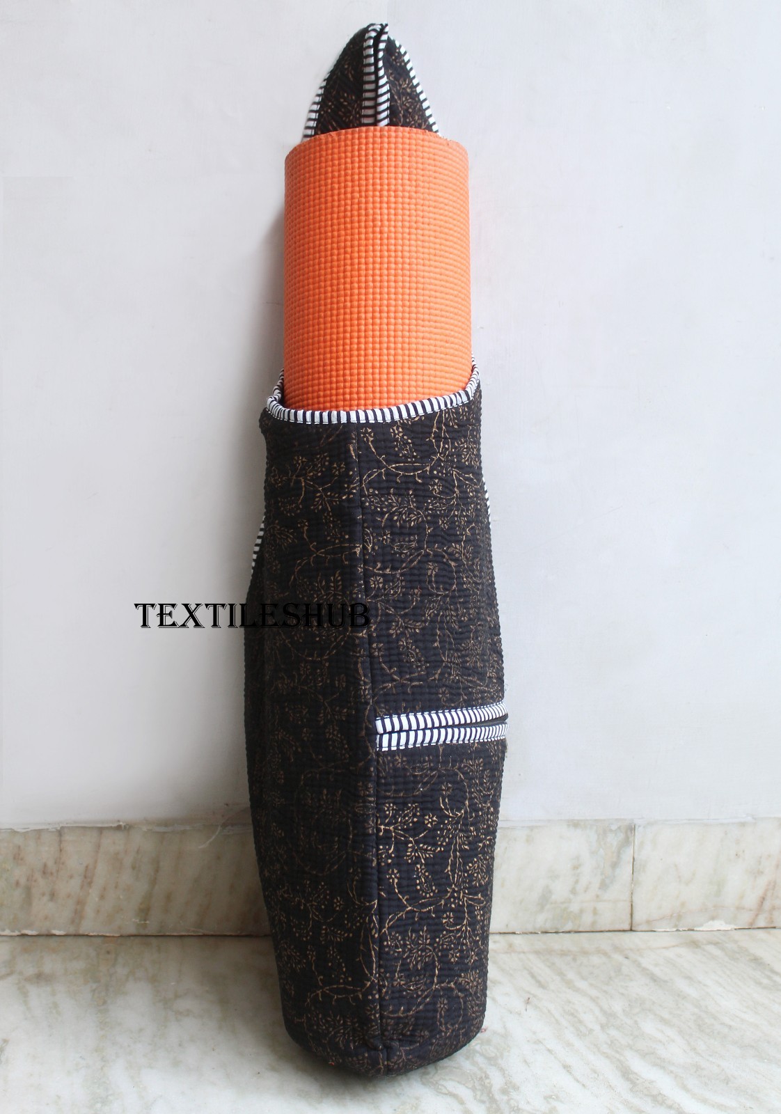 Handmade Cotton Yoga Mat Bag Quilted Floral Print Sling Shoulder Carrier