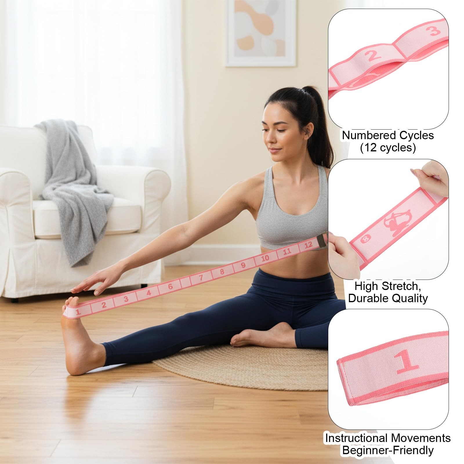 12 Loops Yoga Band, Bands for 4x140cm / 1.57×55.2 Inches, Pink