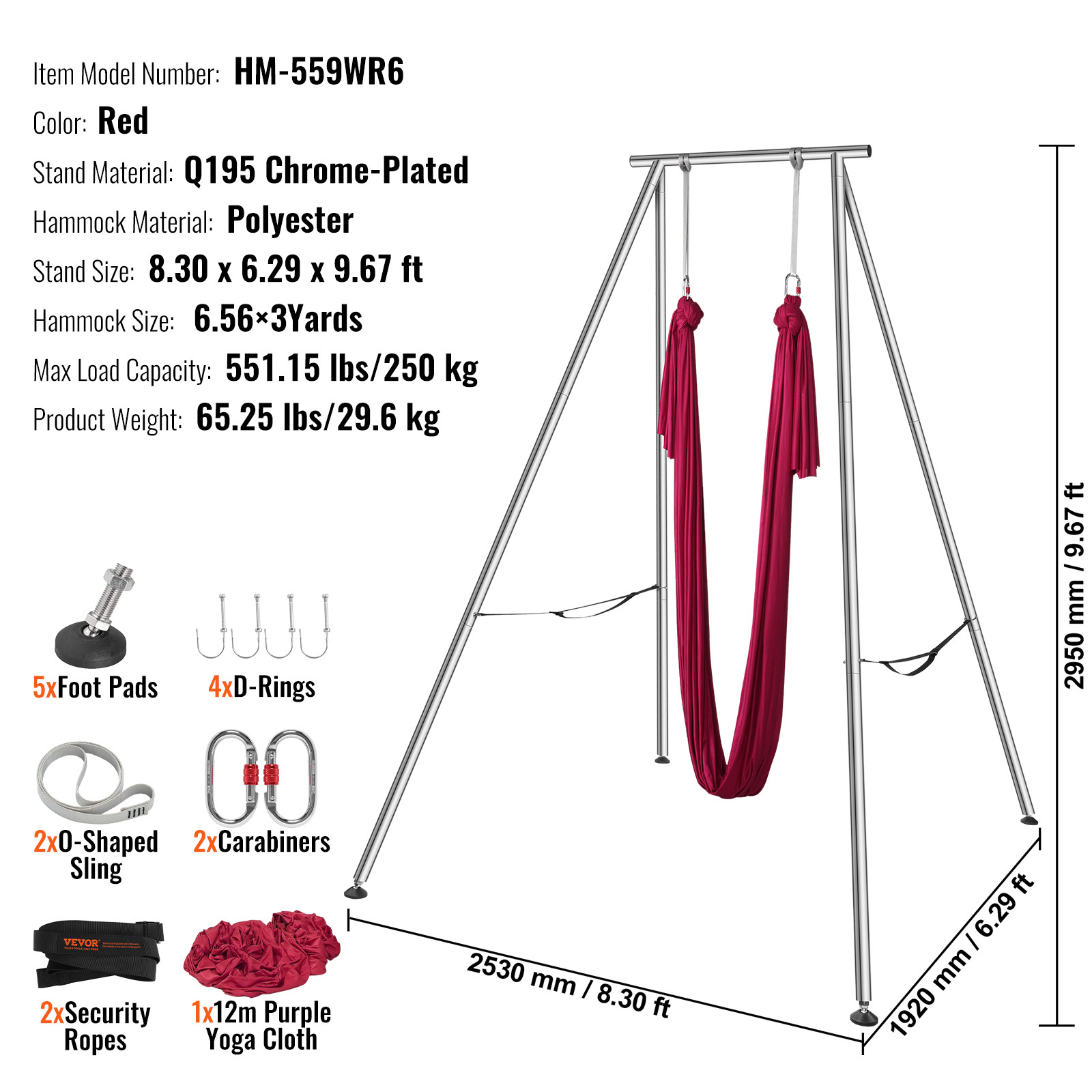VEVOR Yoga Swing Stand Hammock Aerial Silk Kit 551.15 lbs Load Yoga Frame Red