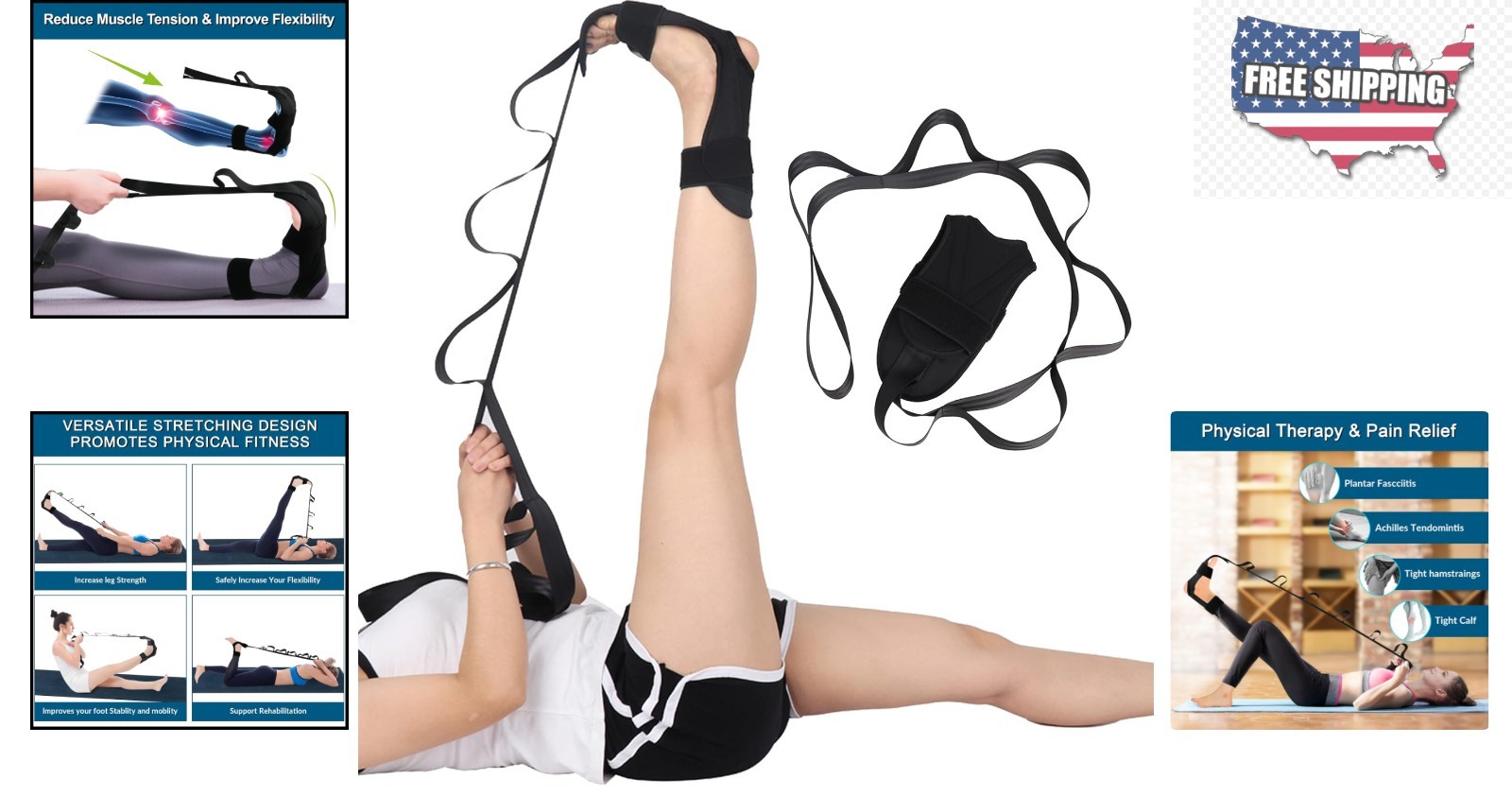 Black Foot & Leg Stretch Strap with 7 Hand Loops for Pain Relief & Flexibility