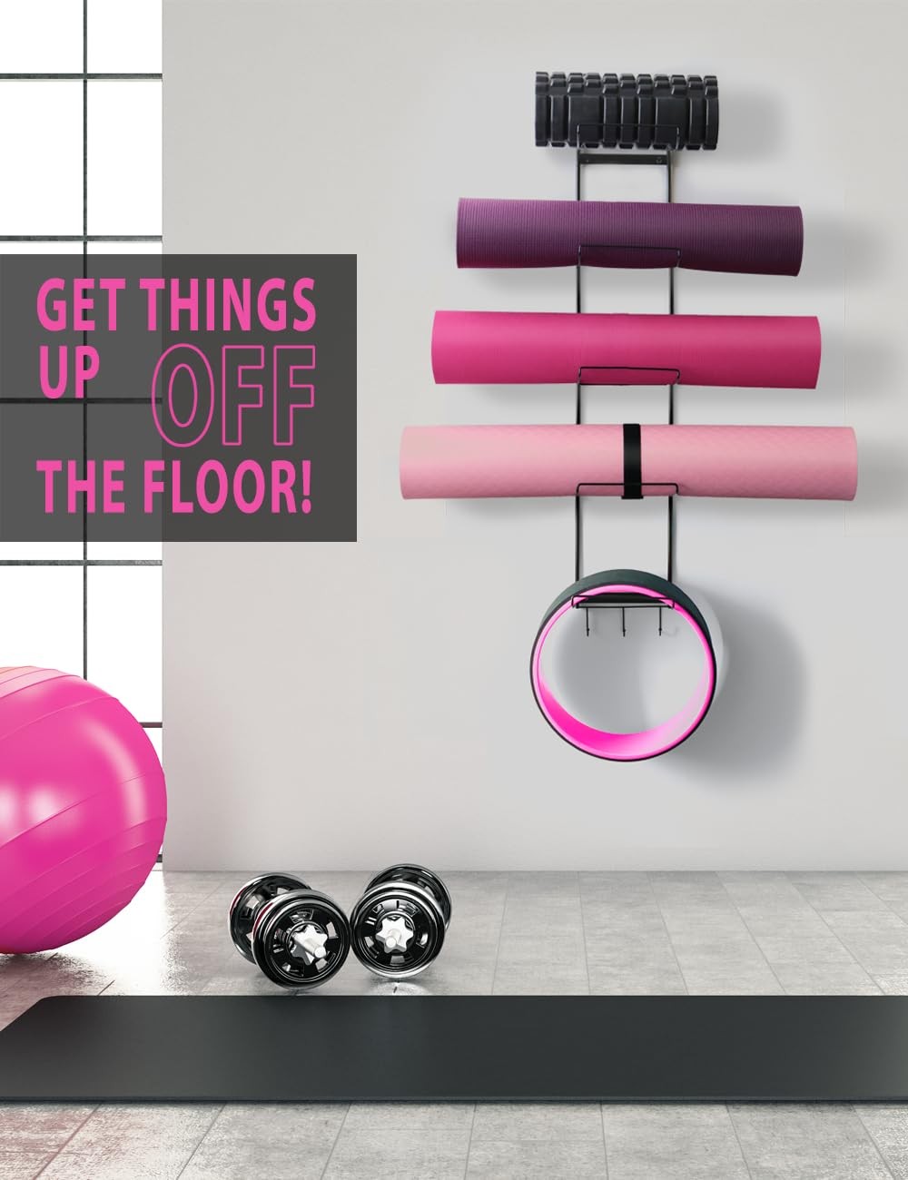 5-Tiers Yoga Mat Holder Wall Mount, Metal Storage Rack for Yoga Mat/Wheels, Foam