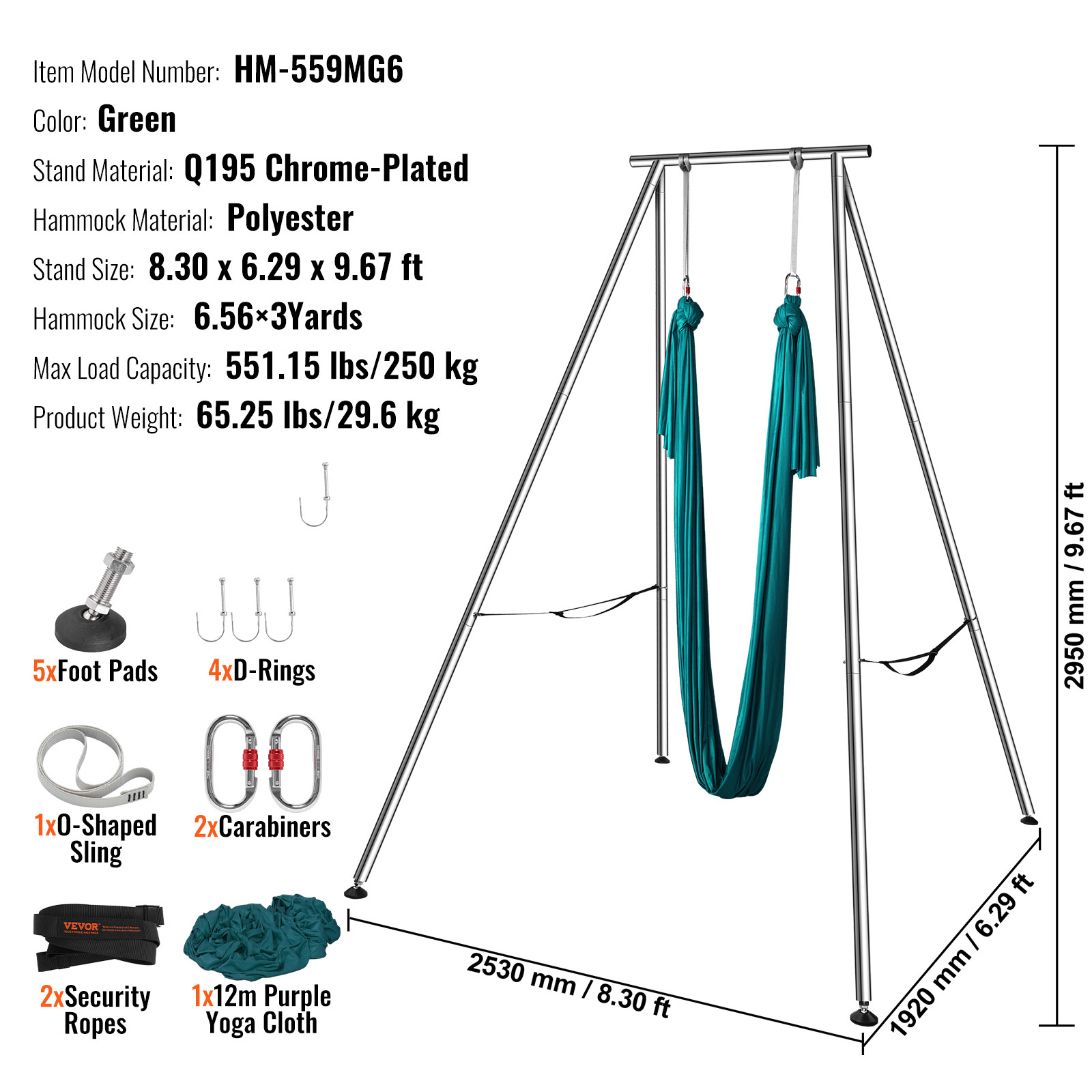 VEVOR Yoga Swing Stand Hammock Aerial Silk Kit 551.15 lbs Load Yoga Frame Green