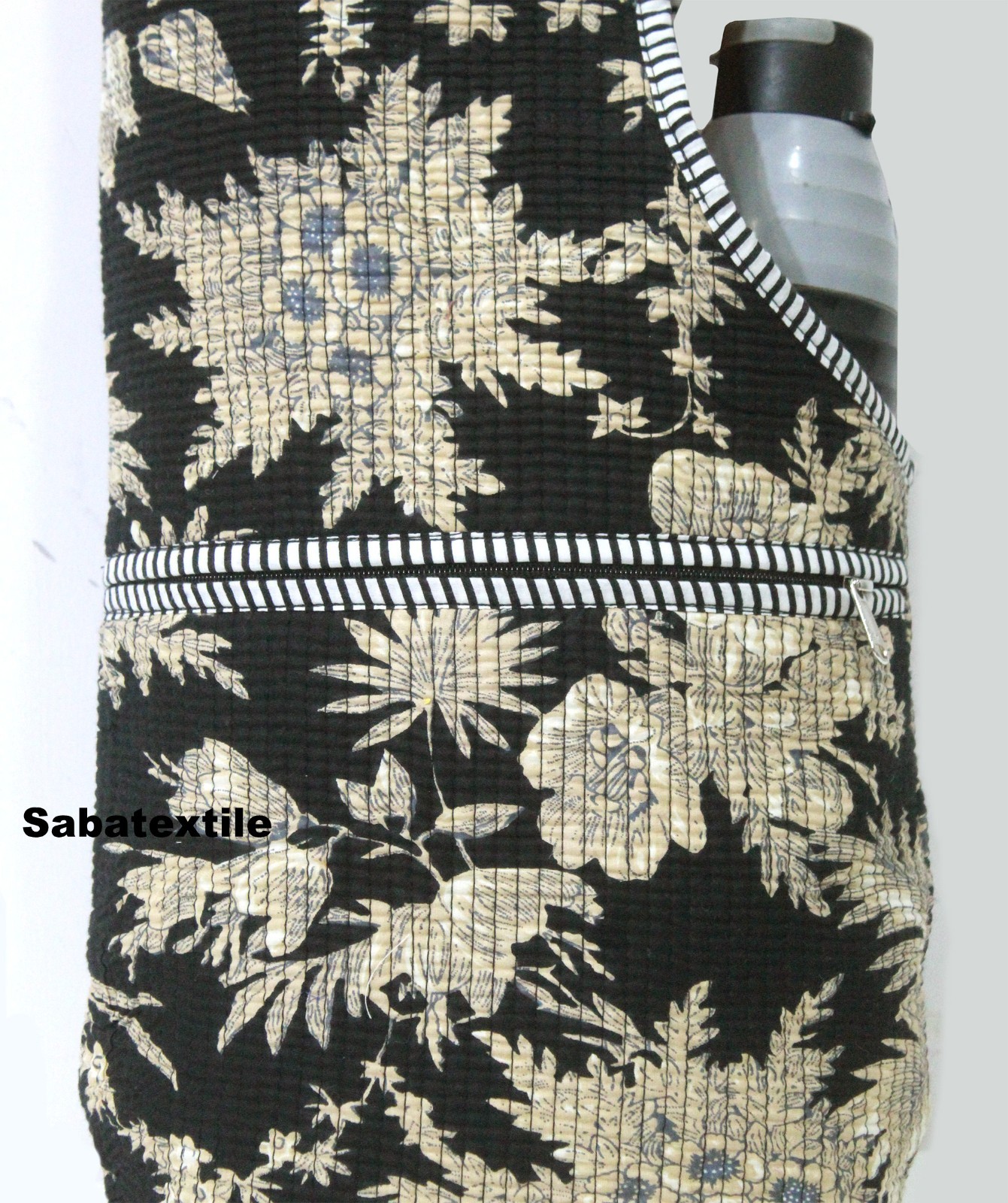 Black Floral Jhola Tote Bag, Quilted Yoga Mat Bag Indian Handblock Yoga Mat Bags