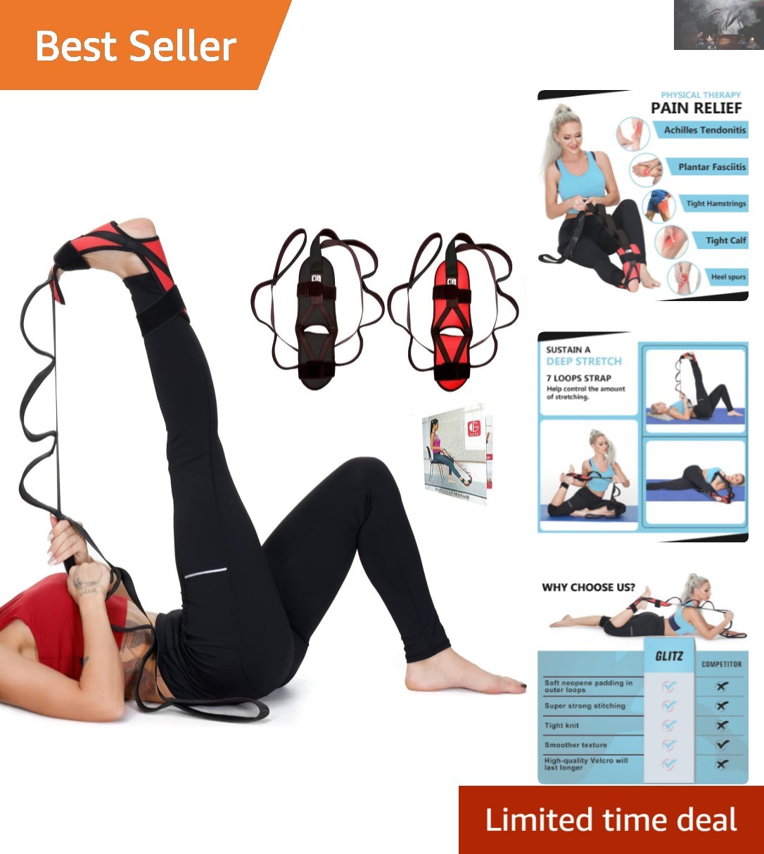 Multifunctional Stretching Strap for Legs, Foot Relief, and Flexibility – Red