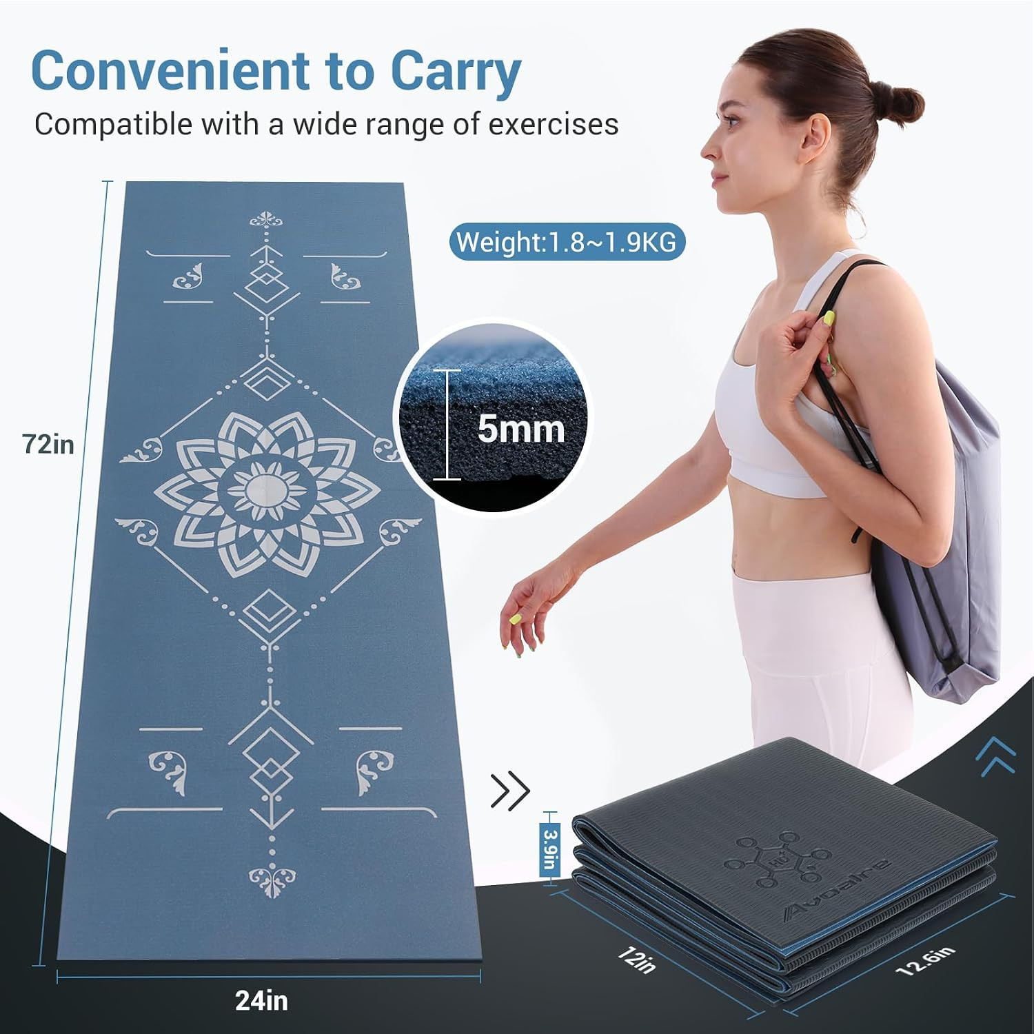 Folding Yoga Mat, Eco-Friendly PVC Travel Yoga Mat Packable, Double Sided Non-Sl
