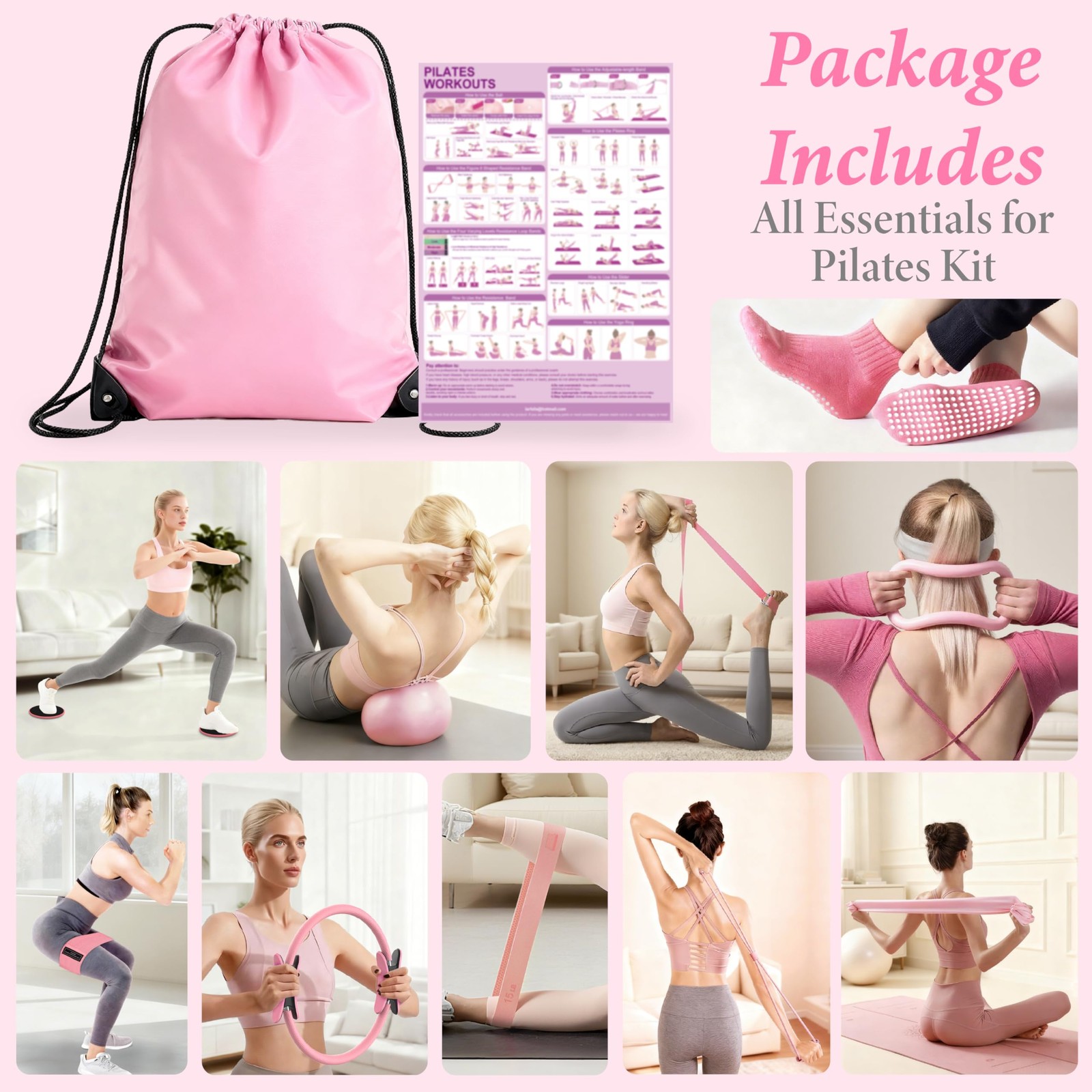 LarFaFa Pilates Kit for Home Workouts, Equipment Ring and Ball Pink