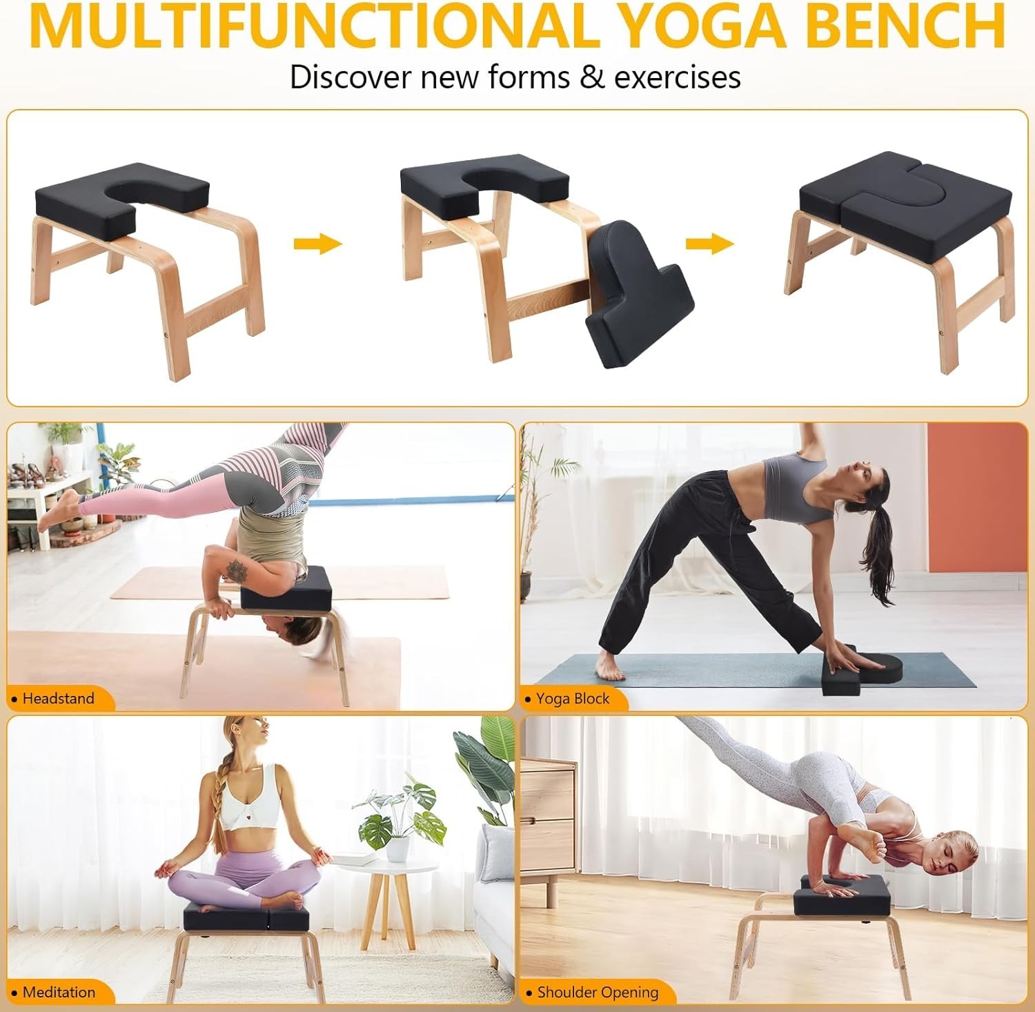 Headstand Training Chair – Eco-Friendly Wood, 300 lbs Capacity with Asana Guide
