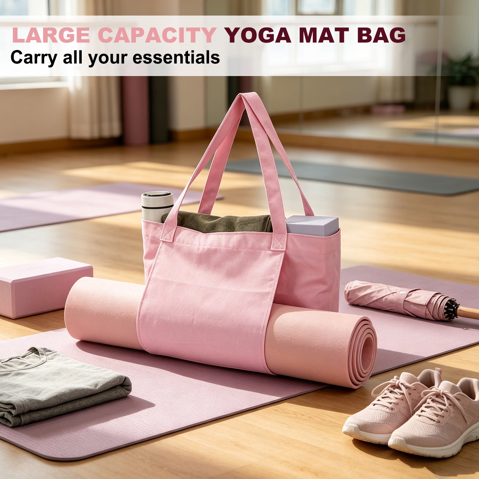 1 Pcs Yoga Bag, Tote Pilates Bag with Yoga Mat Holder Canvas & Rose Red