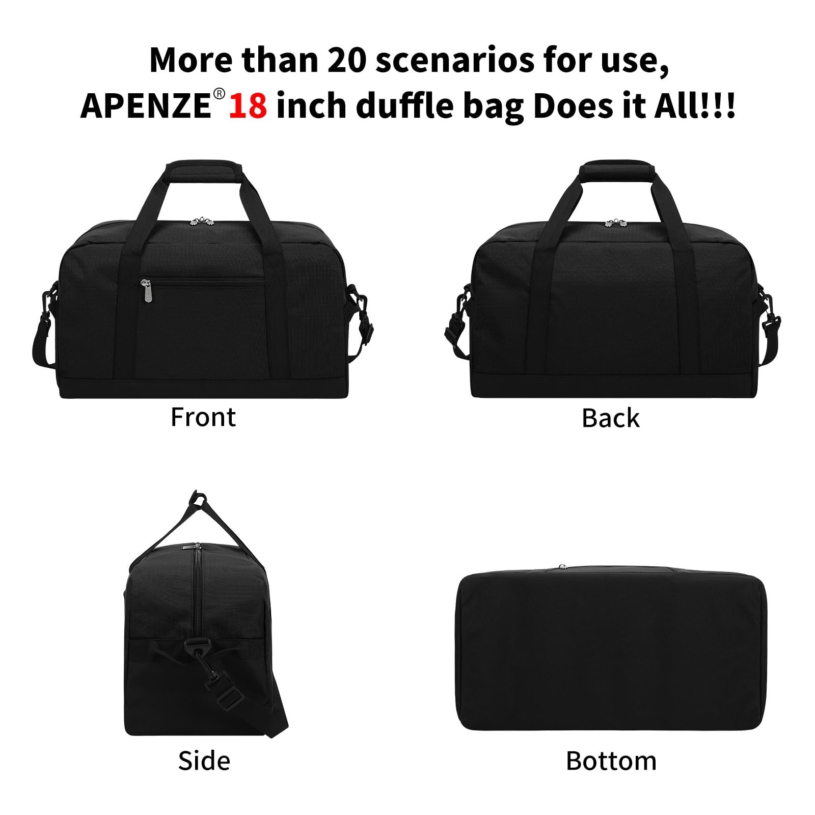 Apenze Small Gym Bag 18 inch Carry On Duffel Bag for Weekender Travel – Black