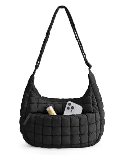 Crossbody Hobo Bag for Women with Adjustable Strap, Quilted Small A-jet Black
