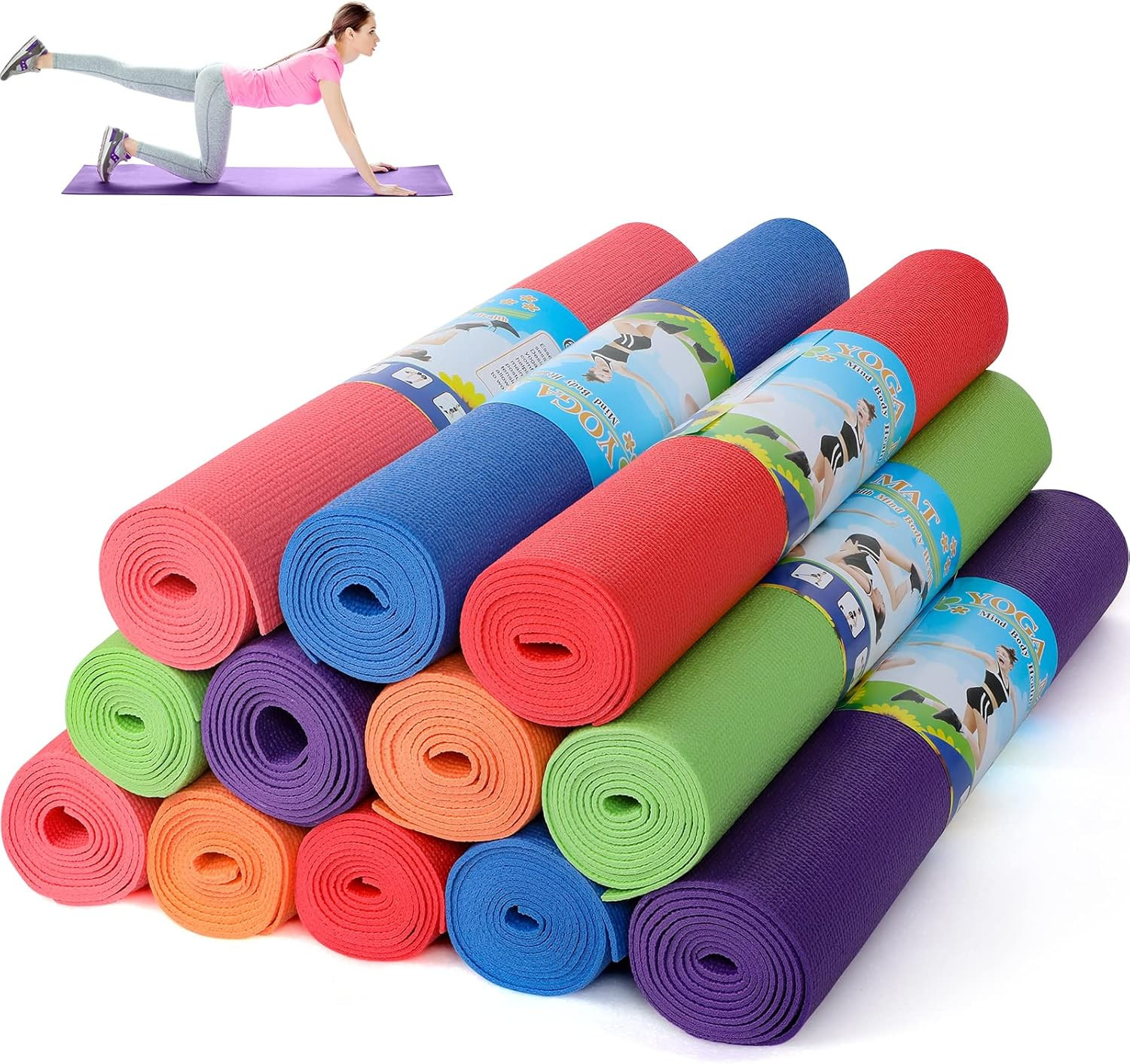 12 Pieces Yoga Mats Bulk 68X24X0.12 Inch Exercise Non Slip Fitness Workout Mats
