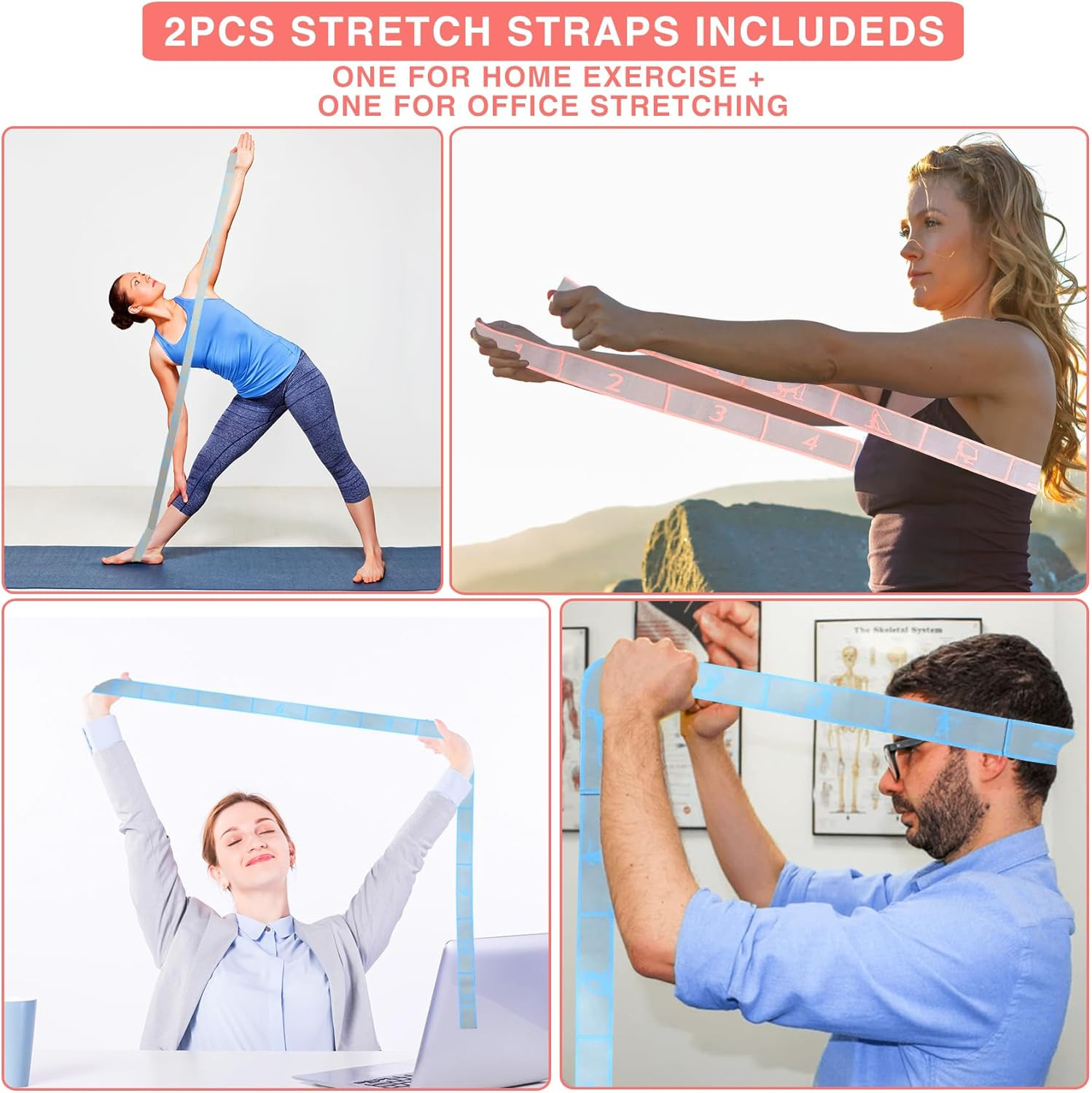 Elastic Yoga Stretching Strap with Loops, Stretch Straps for Physical Therapy,