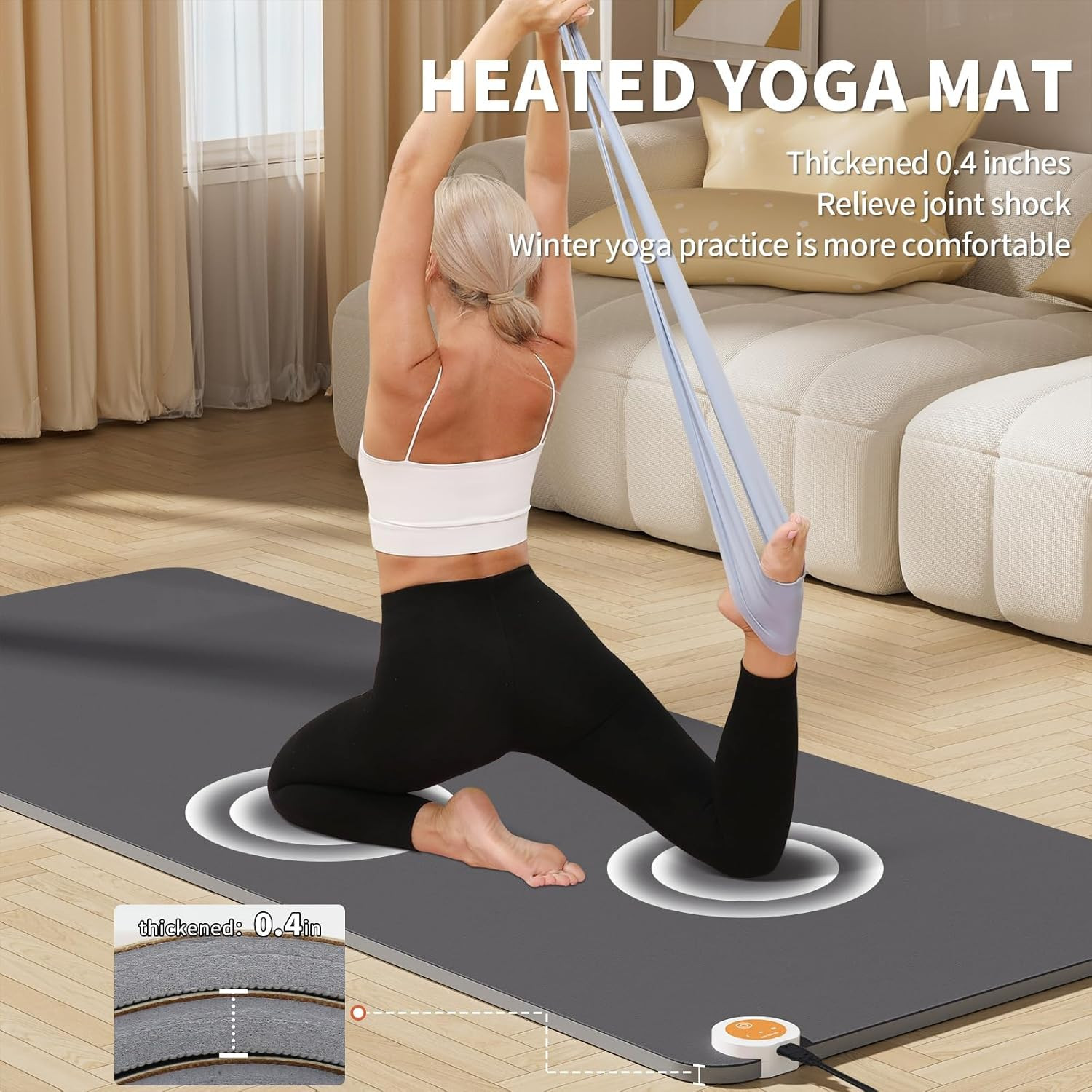 Fast Heating Extra Large Yoga Mat, Non-Slip TPE+PU, Includes Controller, Gray