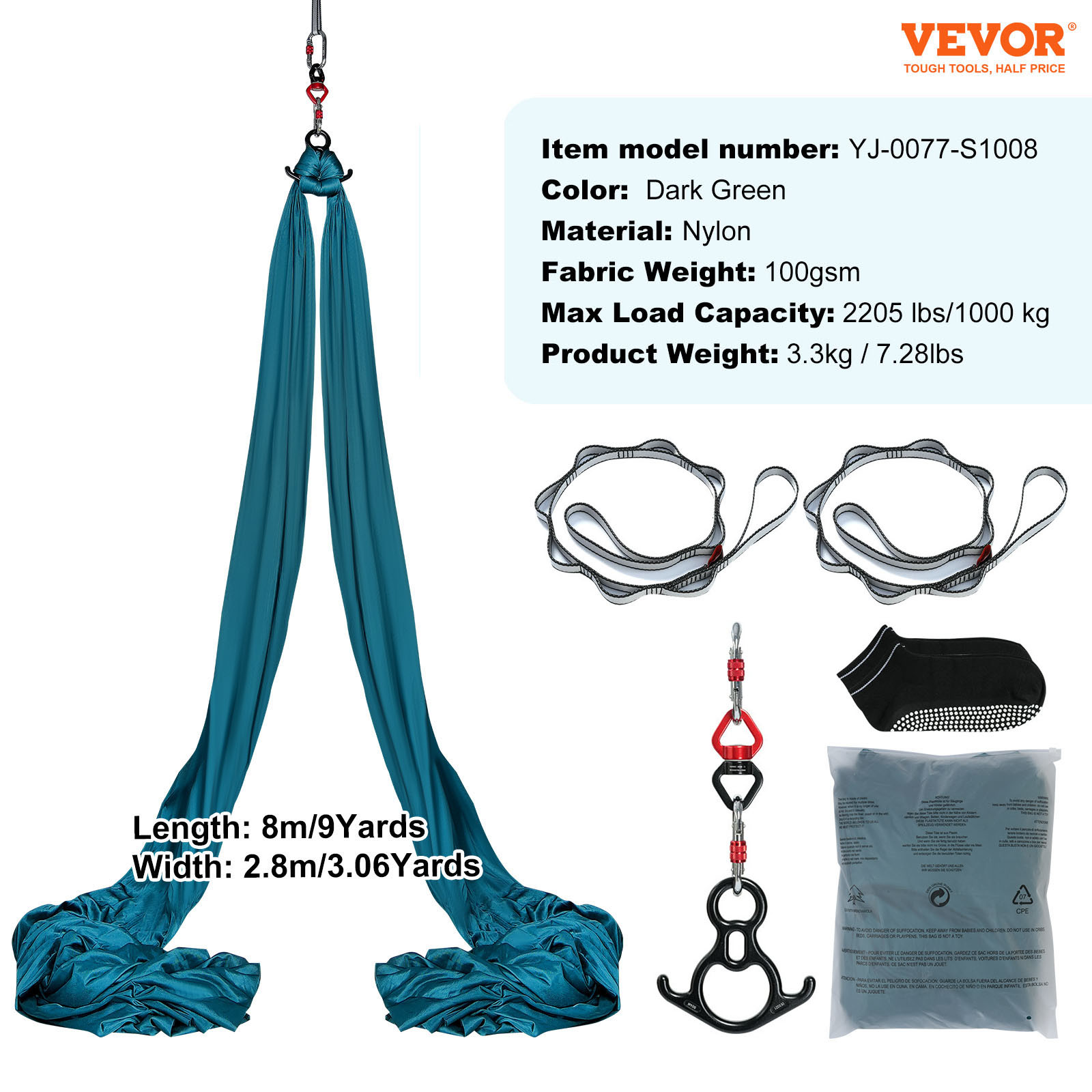 VEVOR Aerial Silk Yoga Swing Set 8.7 Yards Hammock Trapeze Inversion Fly Green