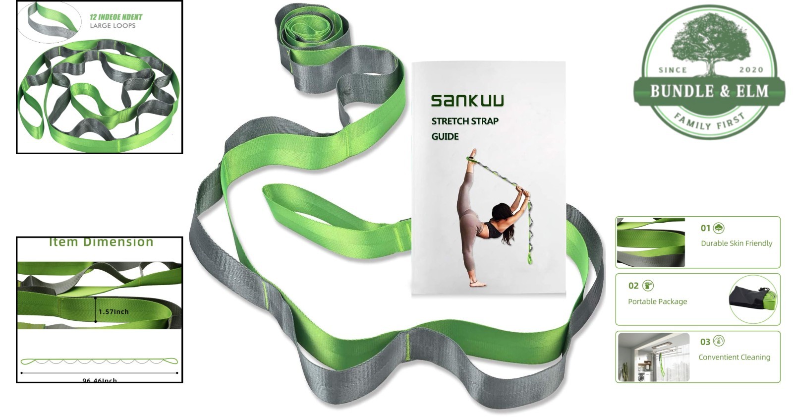 Nylon Yoga Strap with Workout Poster – 96 » Stretching Aid for Therapy & Fitness