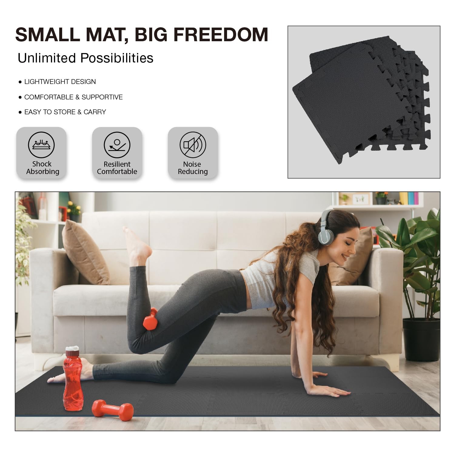 AIRHOP 18 Tiles Gym Floor Mat, EVA Foam Black | 18 |1.67m²,