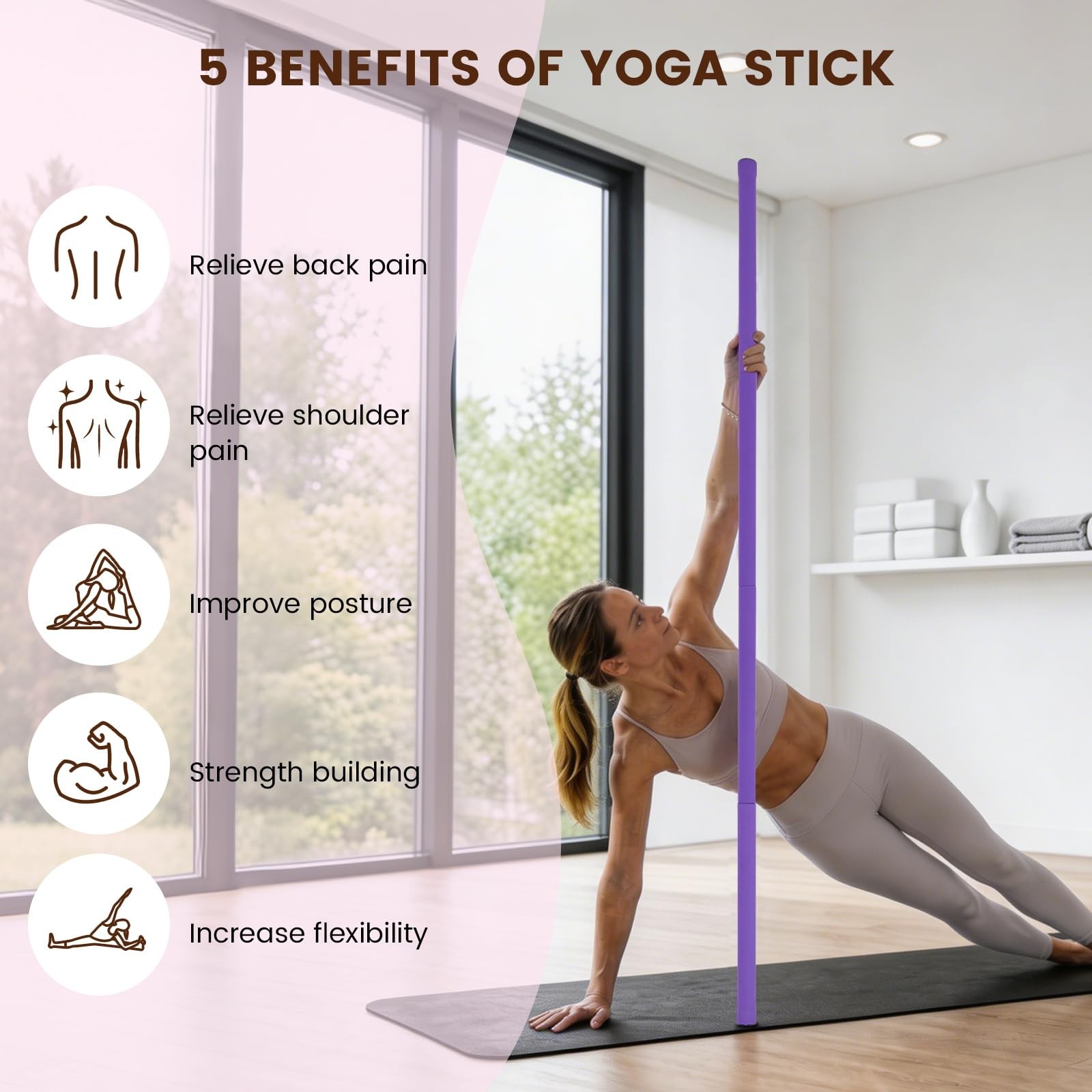 Yoga Stick, Upgraded 5ft Sturdy Steel Mobility Stick with 3 Adjustable Length
