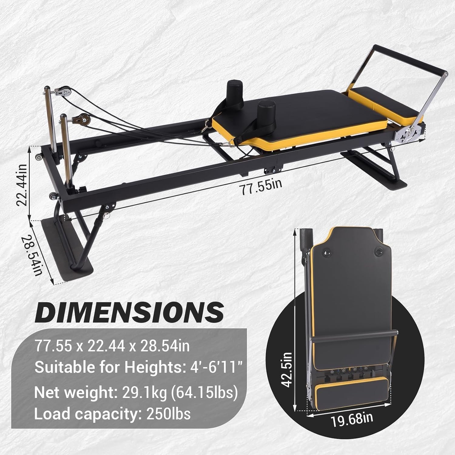 Foldable Pilates Reformer Machine with Wheels, Adjustable Armrests & Headrest