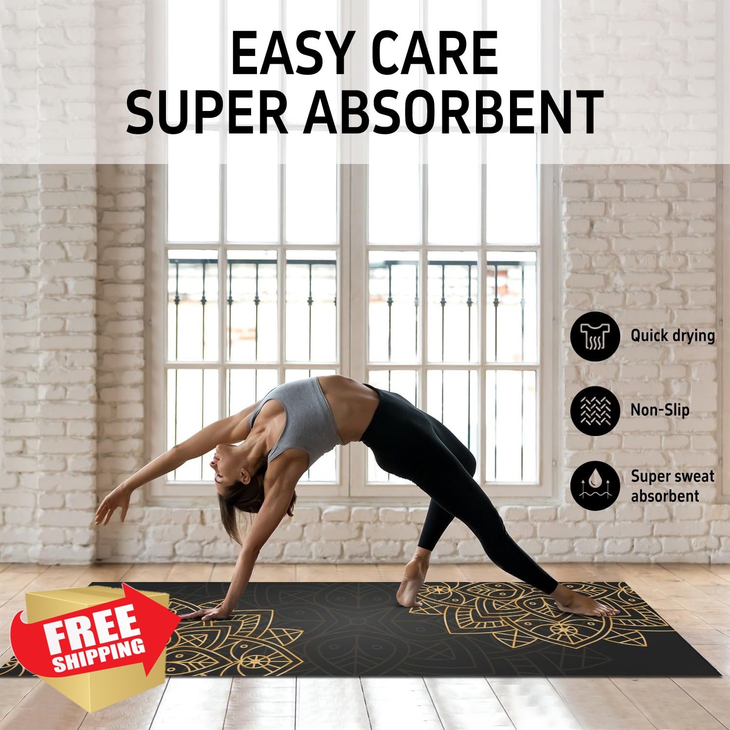 Hot Yoga Mat Towel Gold Flower 70×26 Non Slip Sweat Absorbent Travel Bag