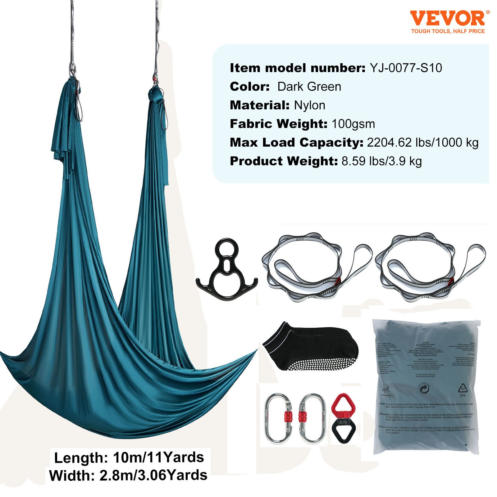 VEVOR Aerial Silk Yoga Swing Set 11 Yards Hammock Trapeze Inversion Fly Green