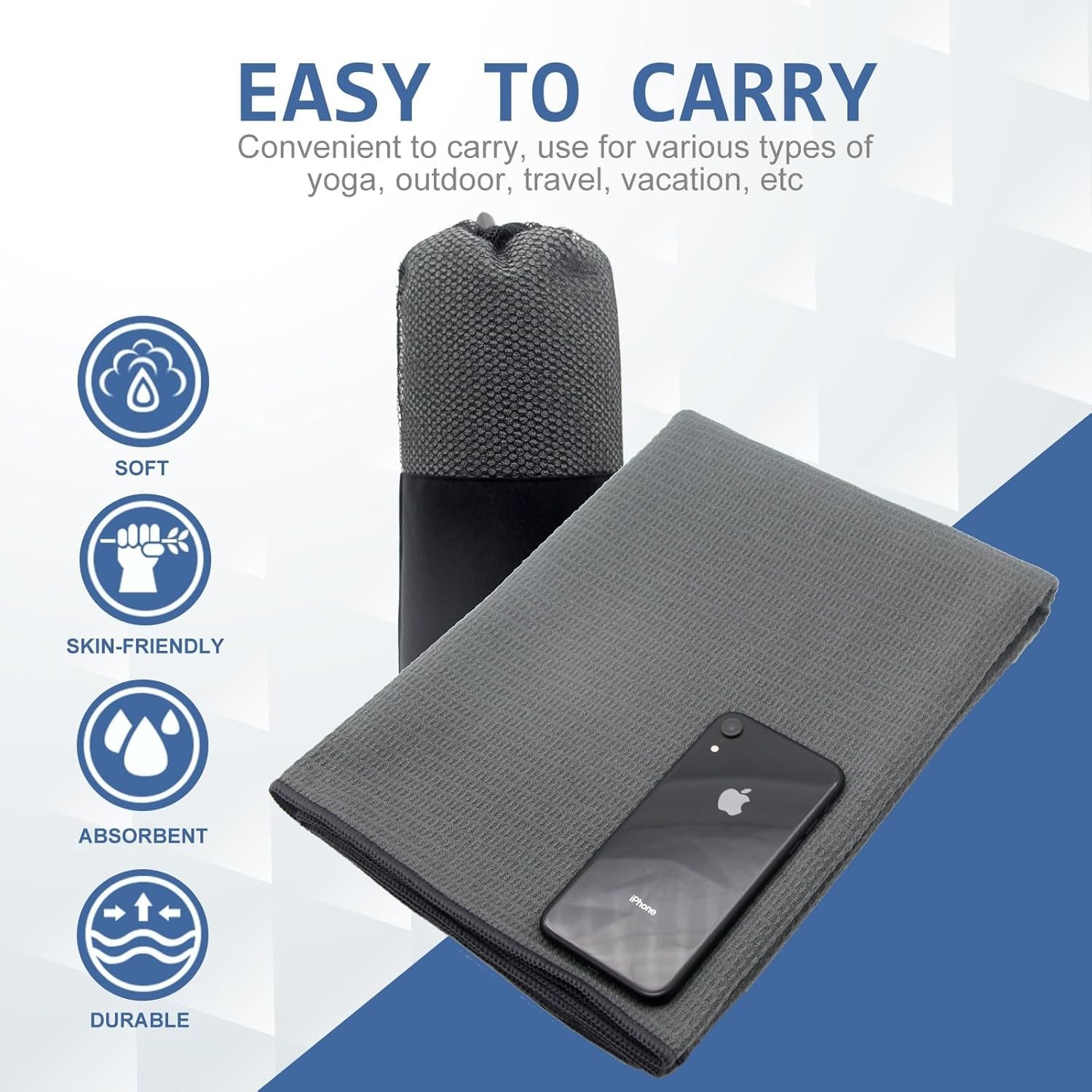 Elegant Non-Slip Yoga Towel 72”x24” – Microfiber with Superior Grip Dots in Grey