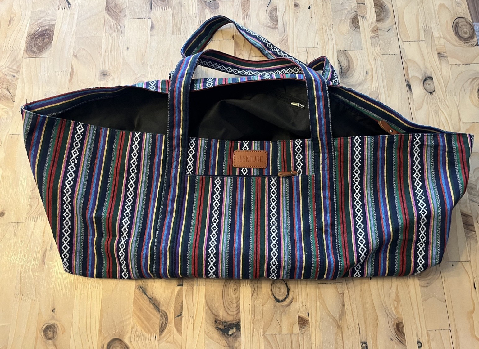 ELENTURE cotton canvas yoga mat bag with a multi-color stripe pattern. 26x12x8”
