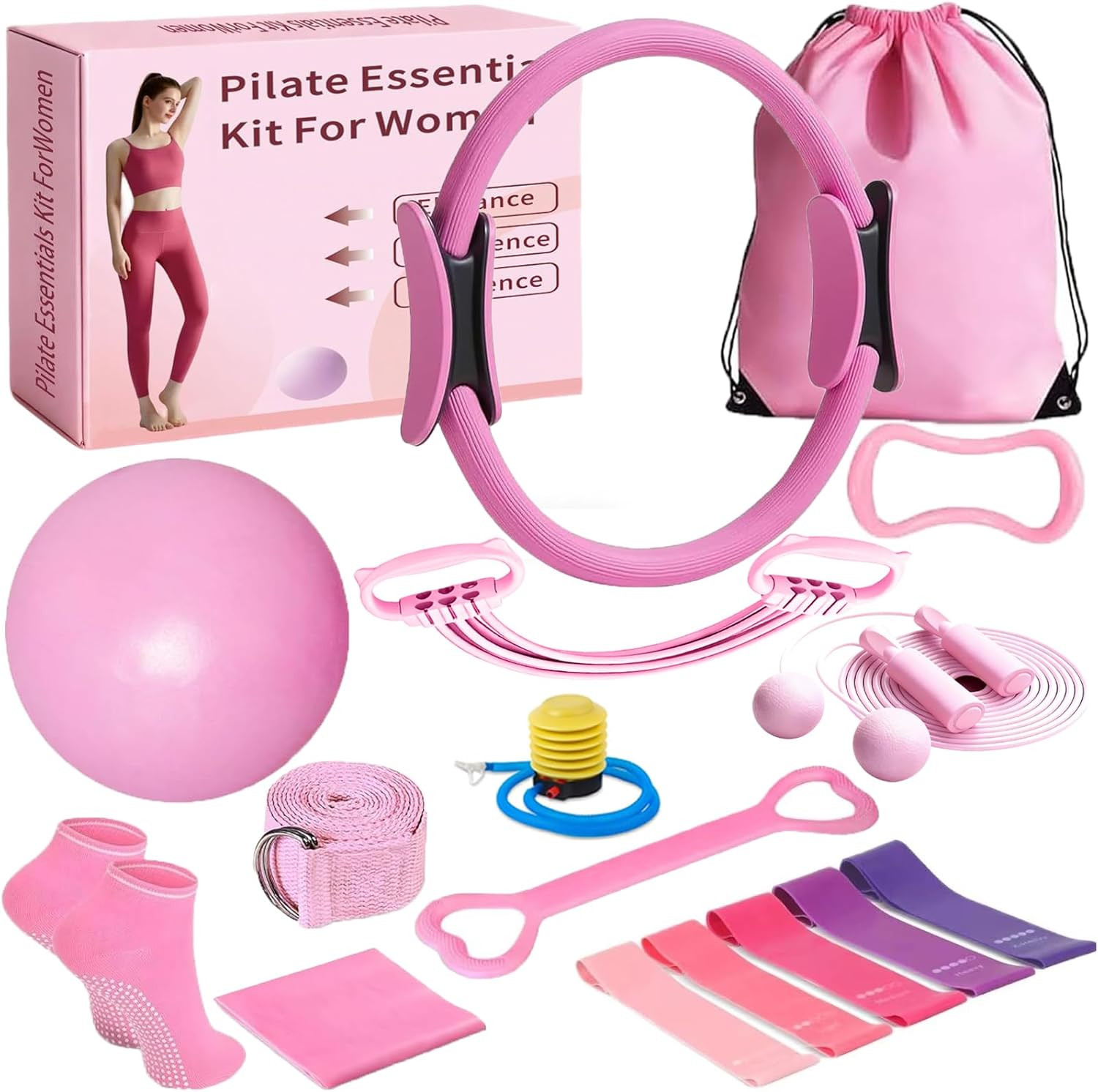 17 Pcs Pilates Equipment,Pilates Set,Women at Home Pilates Kit,Pink Pilates Ring
