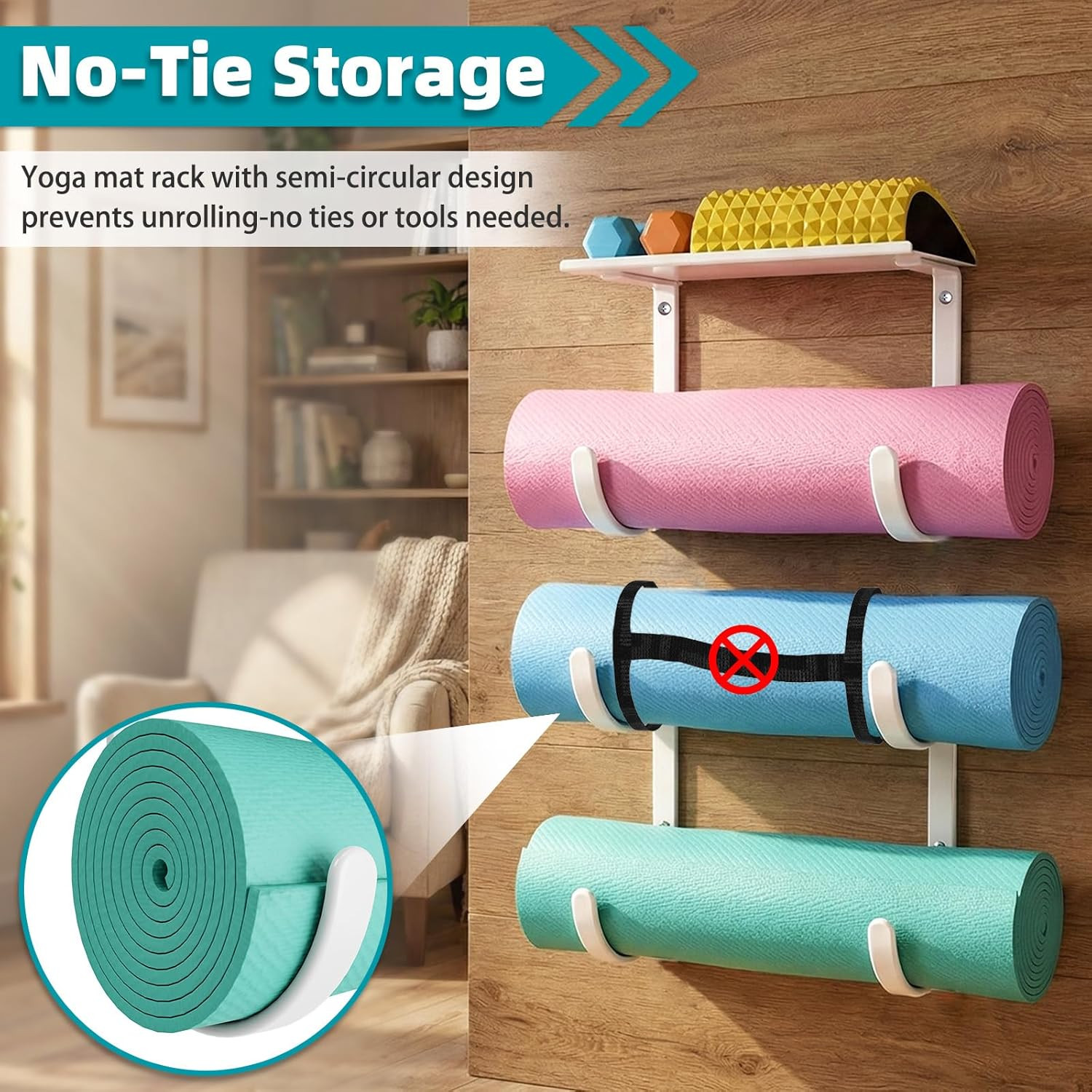 Yoga Mat Holder Wall Mount, No-Tie Pilates Mat Storage Rack with Top Floating Sh