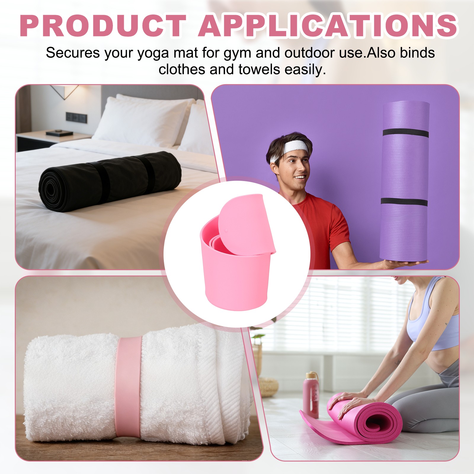 2Pcs Yoga Mat Strap Slap Band One Snap Yoga Mat Slap Band, Light Purple/Pink