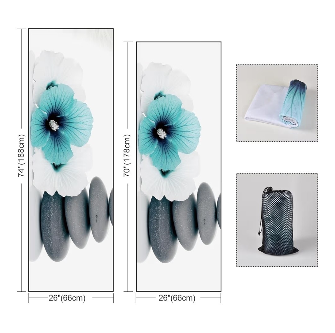 Qiyi Microfiber Yoga Mat Towel 70×26 Non-Slip Quick Dry Pebbles Blue Flower NEW