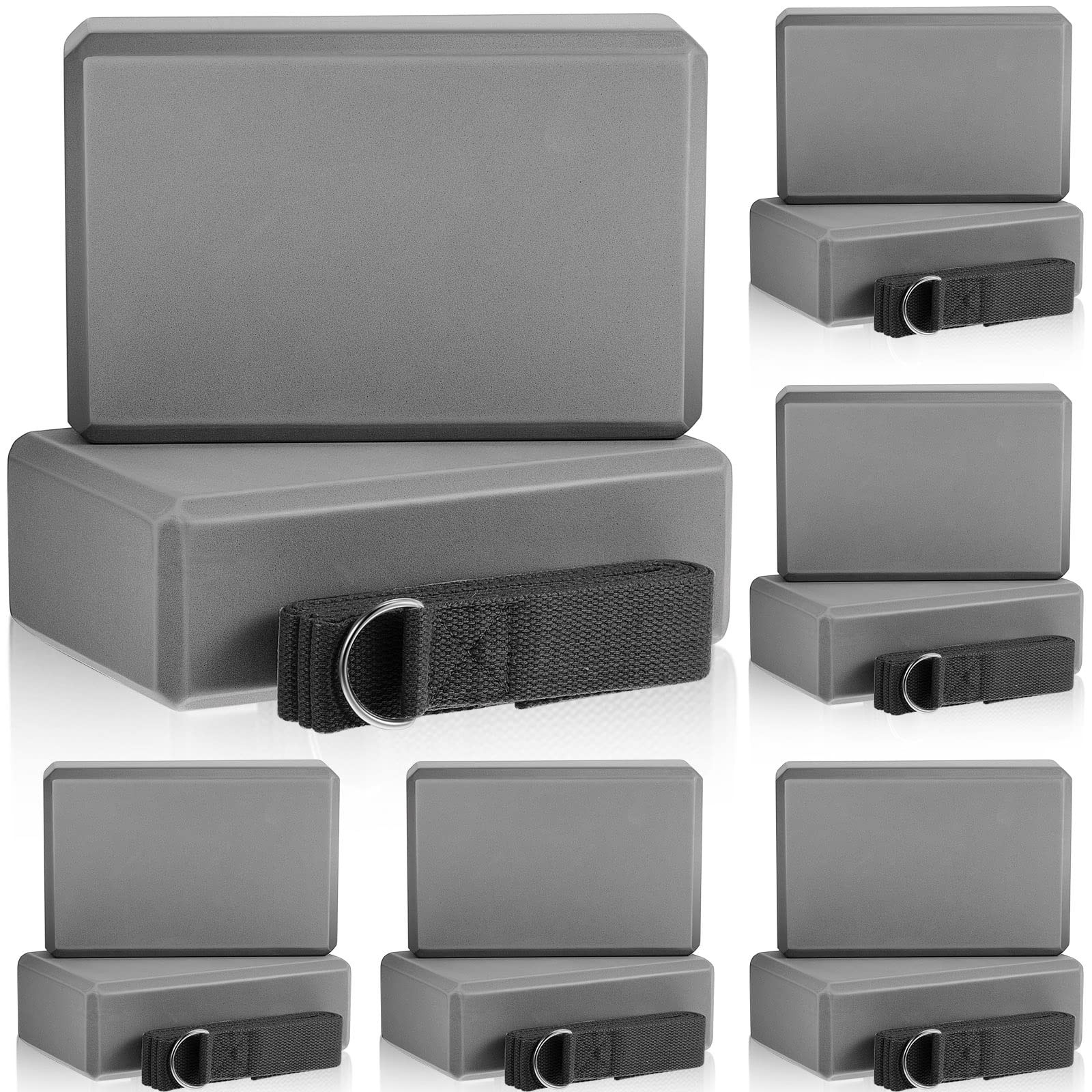18 Pcs Yoga Block and Strap Set 9 x 6 x 3 Inch EVA Foam Non Slip Grey