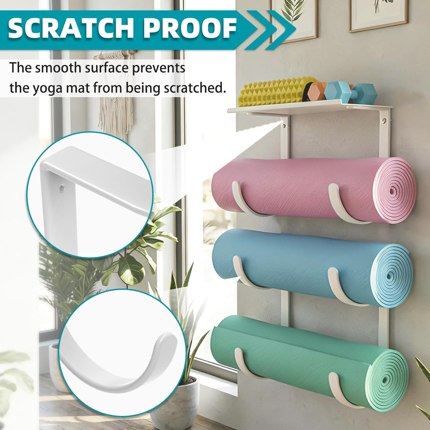 Yoga Mat Holder Wall Mount, No-Tie Pilates Mat Storage Rack with Top Floating Sh