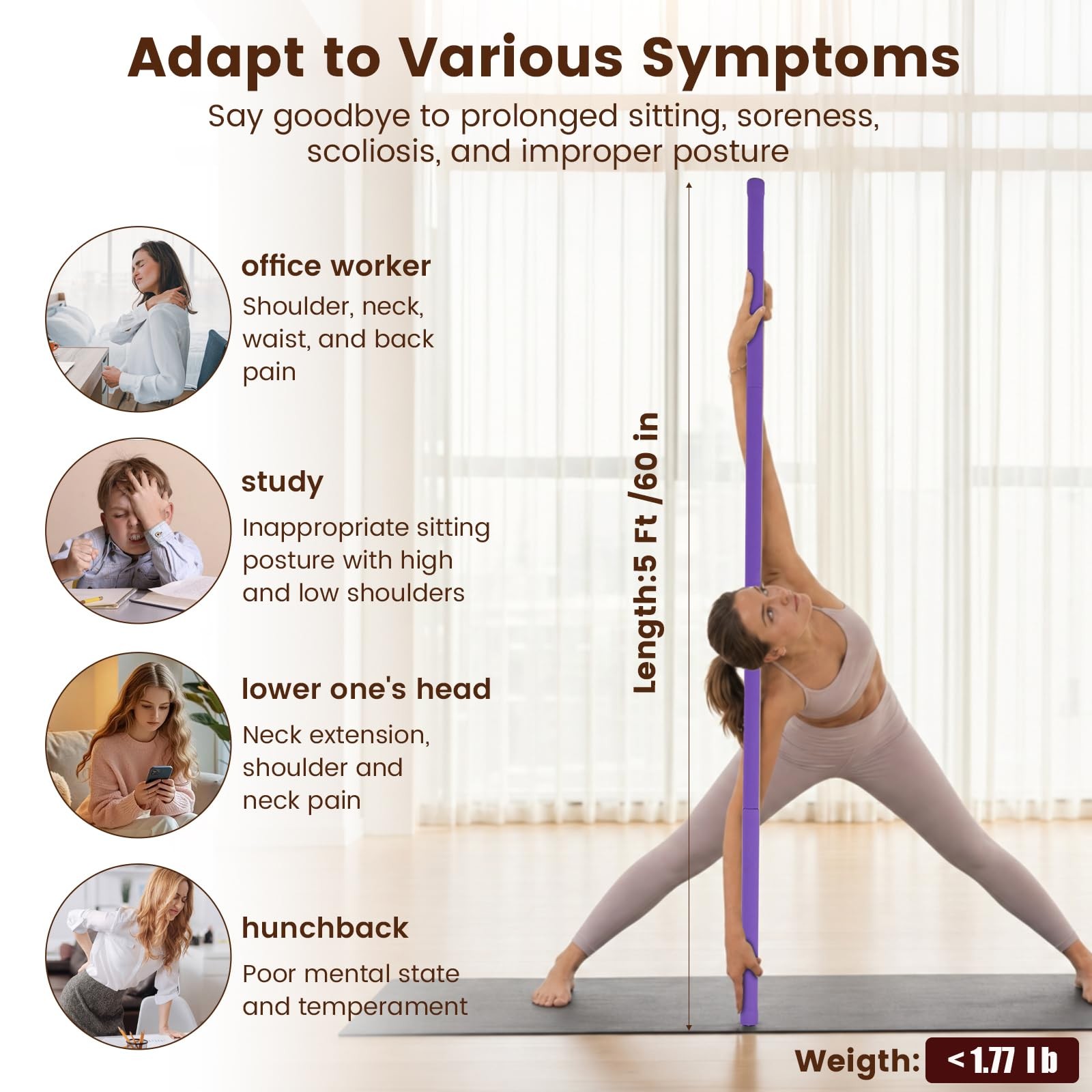 Yoga Stick, Upgraded 5ft Sturdy Steel Mobility Stick with 3 Adjustable Length
