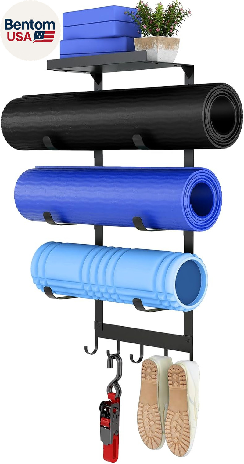 Yoga Mat Holder Wall Mount, Black Yoga Mats Storage Rack, Home Gym Storage with