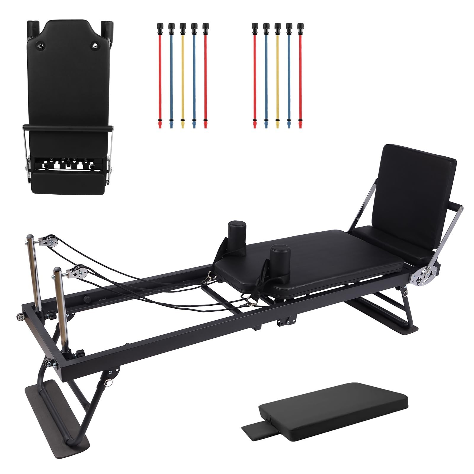 Foldable Pilates Reformer Machine with Wheels, Adjustable Armrests & Headrest