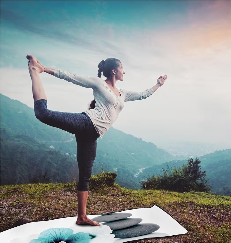 Qiyi Microfiber Yoga Mat Towel 70×26 Non-Slip Quick Dry Pebbles Blue Flower NEW