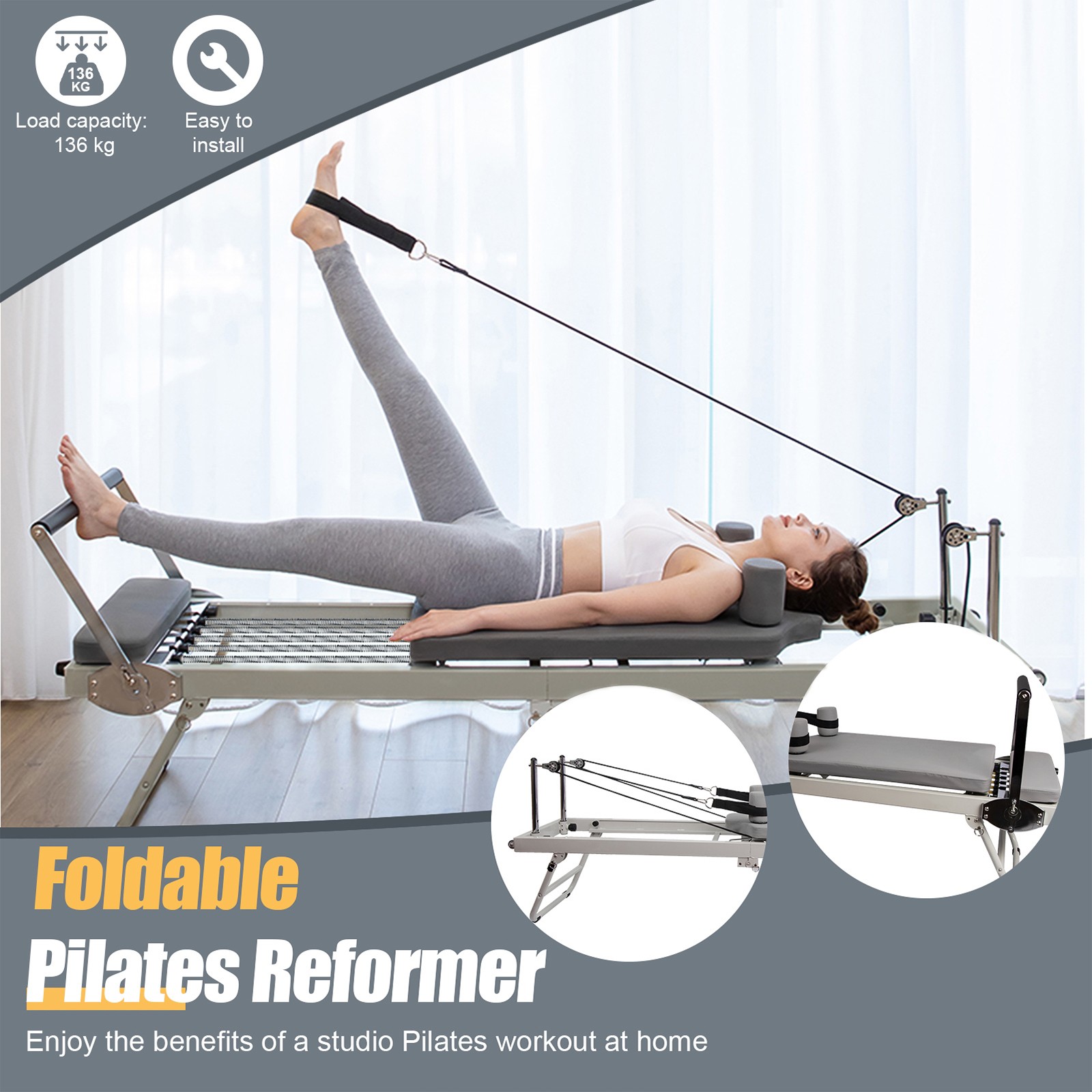 Foldable Pilates Reformer Home Pilates Equipment Studio Gym Workout Machine–