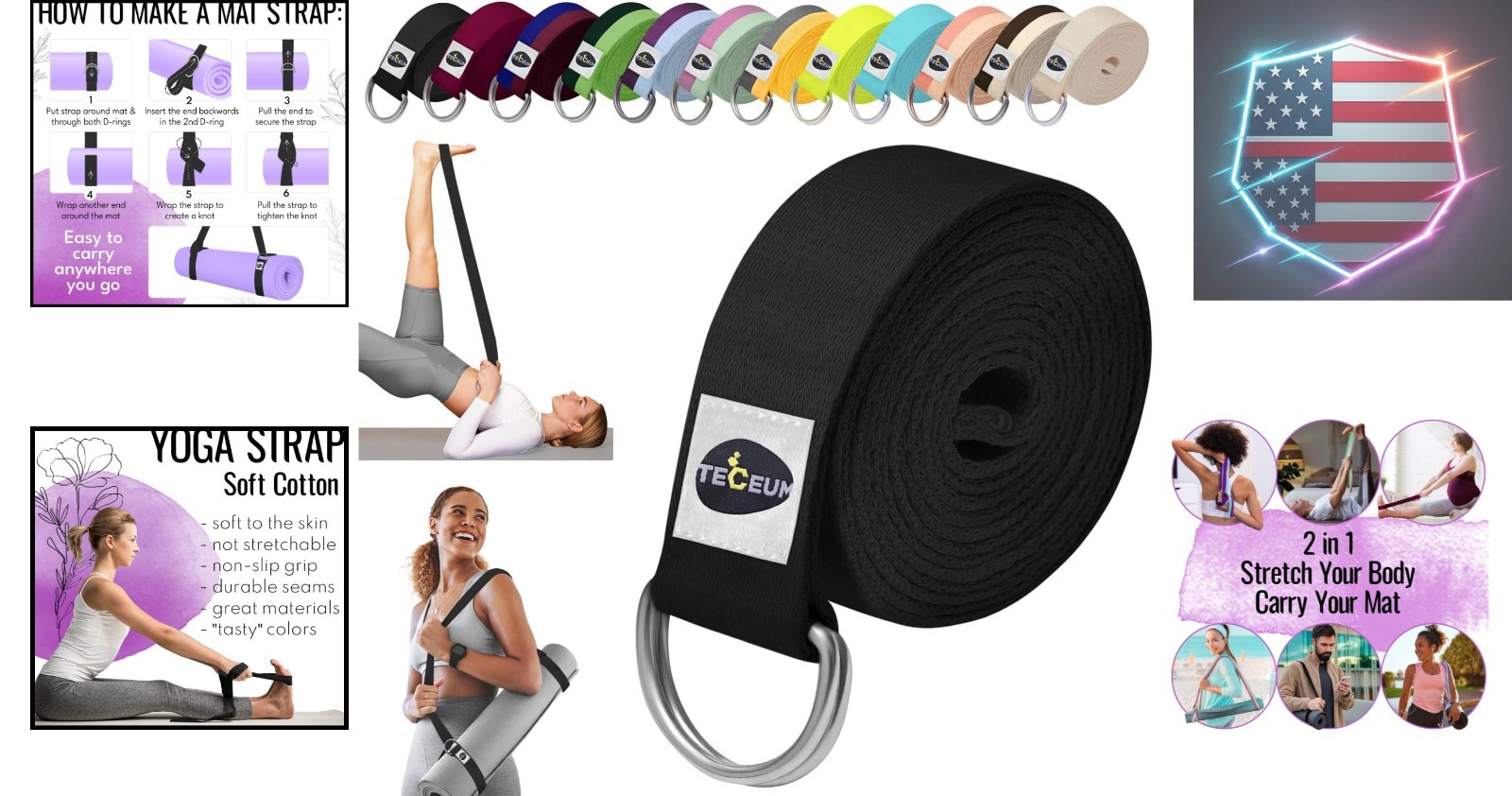 Yoga Strap & Mat Strap – 2 IN 1 – Cotton – 6 ft 8 ft 10 ft 30+ colors – Adjus…