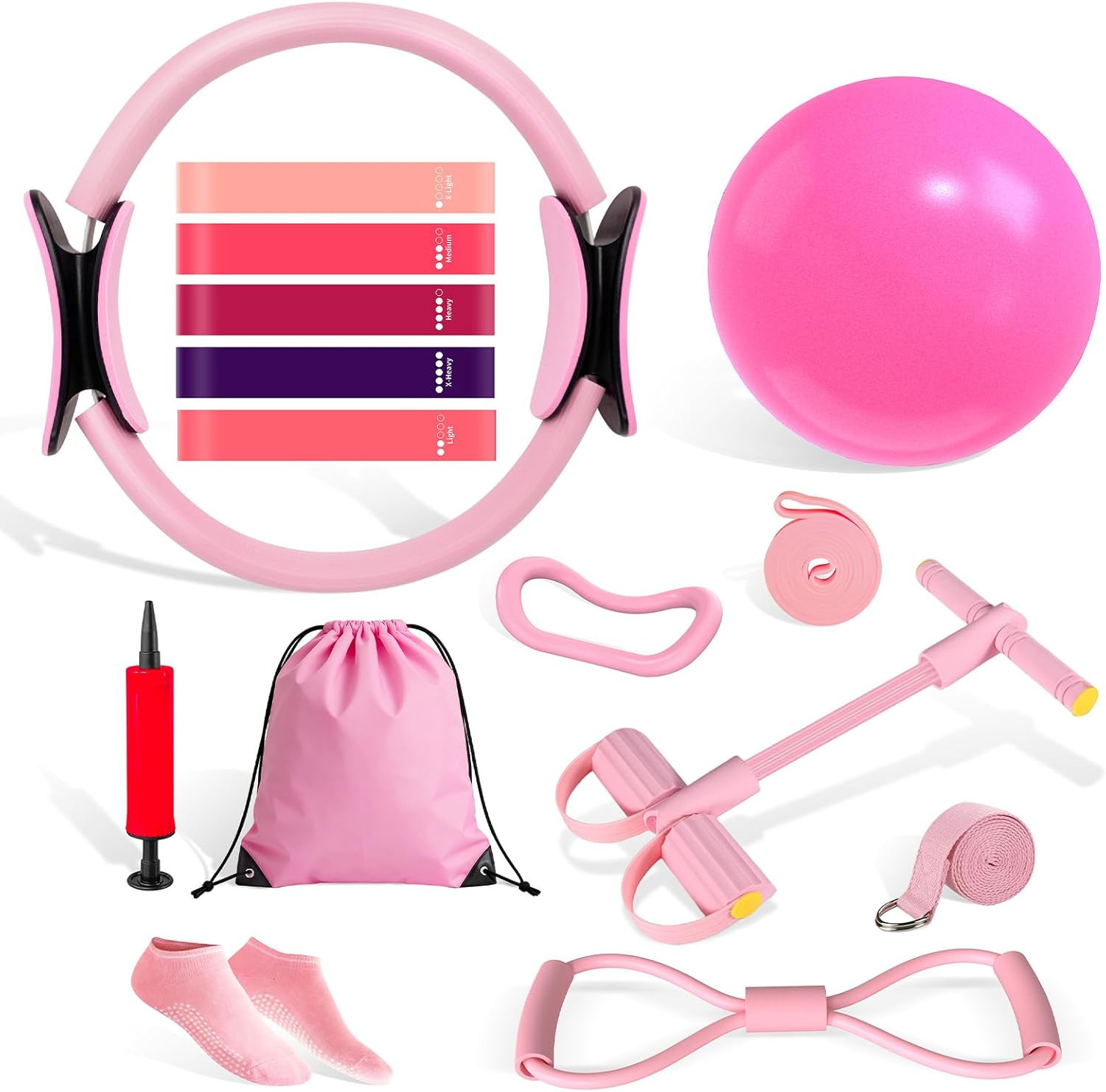 Pilates Kit for Women, 15-Piece Ultimate Pilates Set with Pink Pilates Ring, Bal
