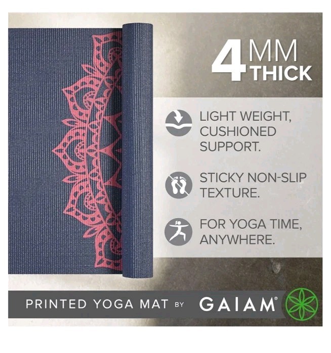 Gaiam Classic Yoga Mat 4 MM Blue & Pink Mandala Fitness Mat 68&Prime;x24&Prime; New In Box