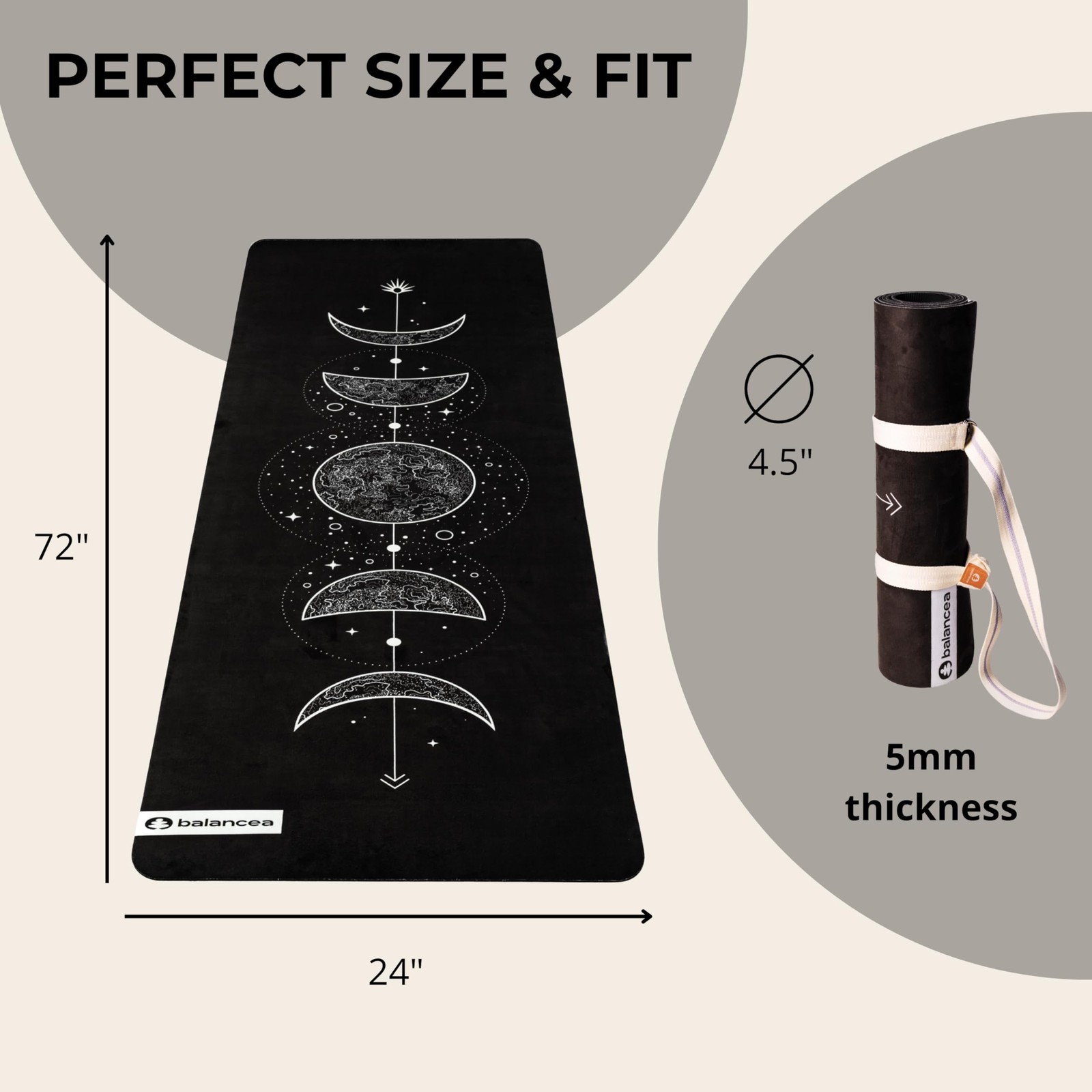 Yoga Mat With Strap 5mm Non Slip Suede & TPE – Moon Black Eco-Friendly Fitnes…