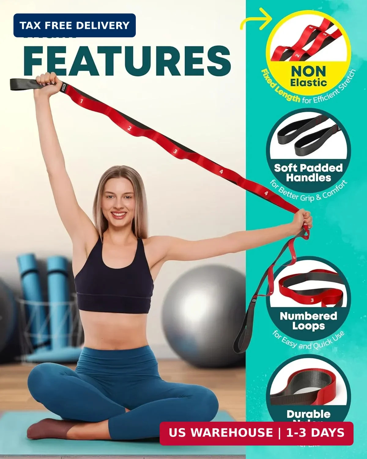 Stretching Strap with Loops – Non Elastic Stretch Band for Physical Therapy, Yog