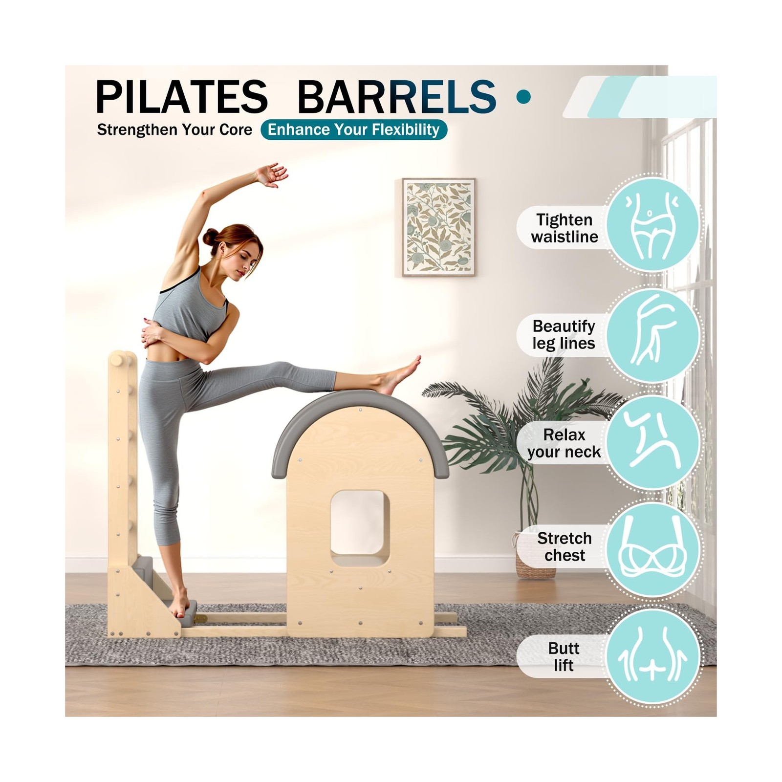 Gray Pilates Ladder Barrel, Wooden Spine Corrector Pilates Machine for Home W…