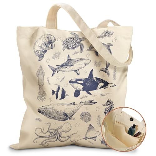 Aesthetic Tote Bag for Girls – with Magnetic Buckle and Zipper Inner Sea Fish