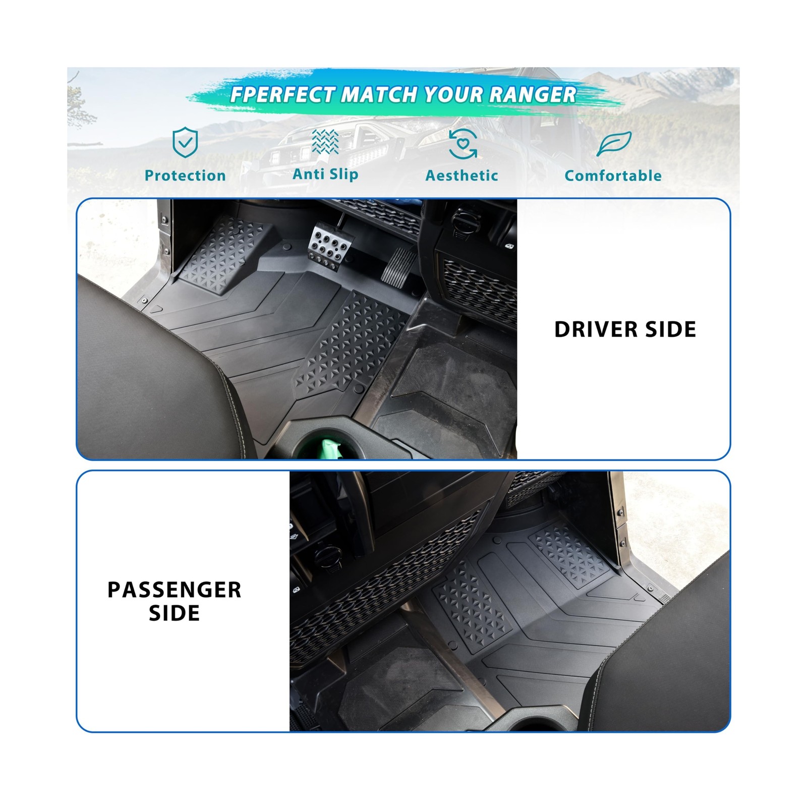 TPE Floor Mats for Polaris Ranger XD 1500, Front Rubber Floor Mat All Weather…