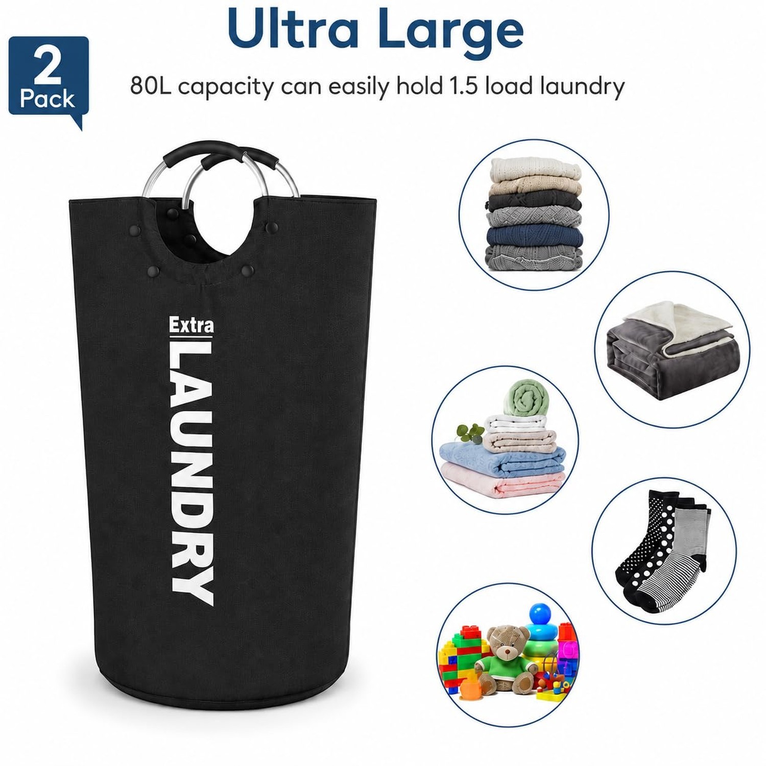 EZU 90L Large Laundry Basket with 8 Steel Rivet Reinforced Handles Freestandi…
