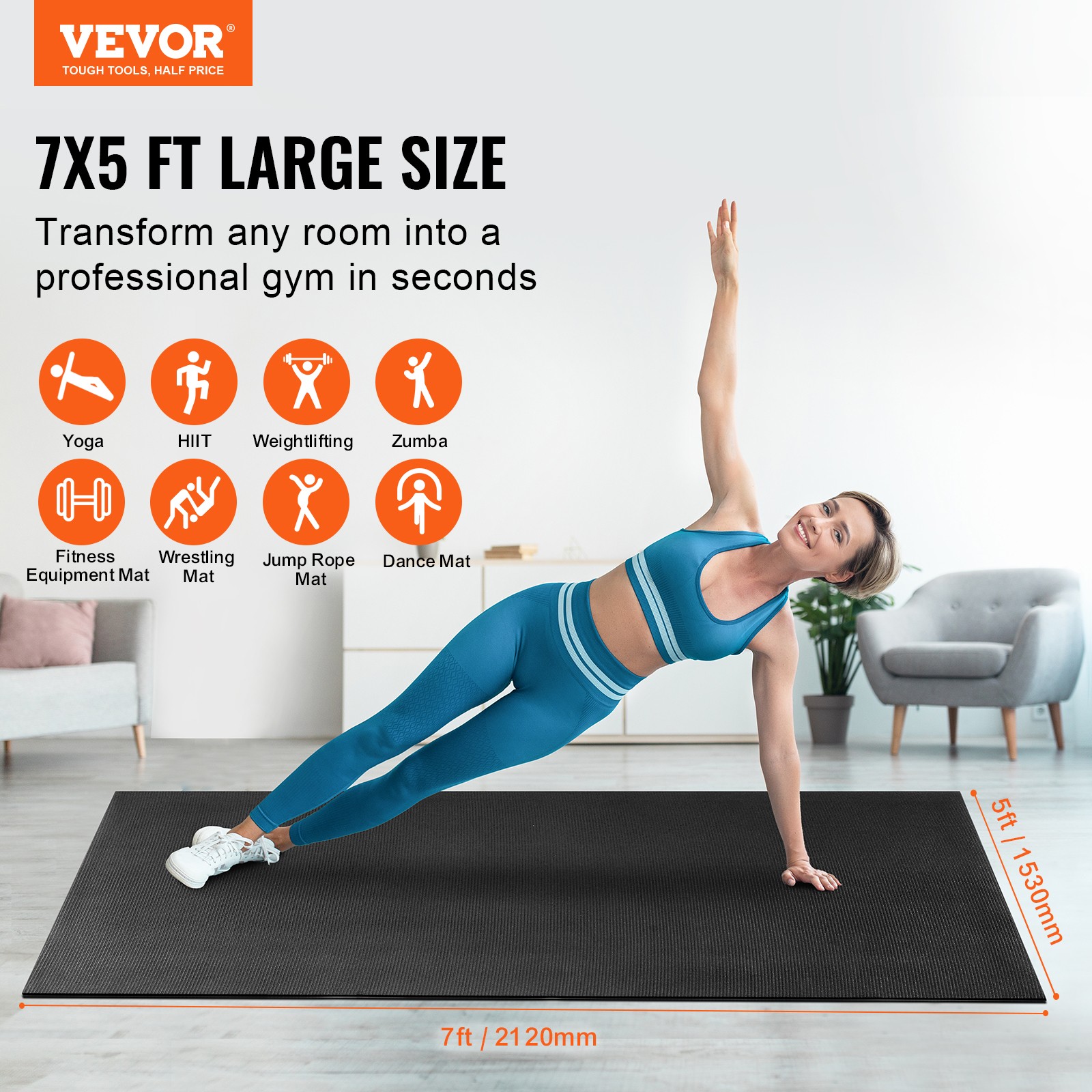 VEVOR Exercise Mat Non Slip Yoga Mat Gym Fitness Pilate Workout Mat (7x5ft)