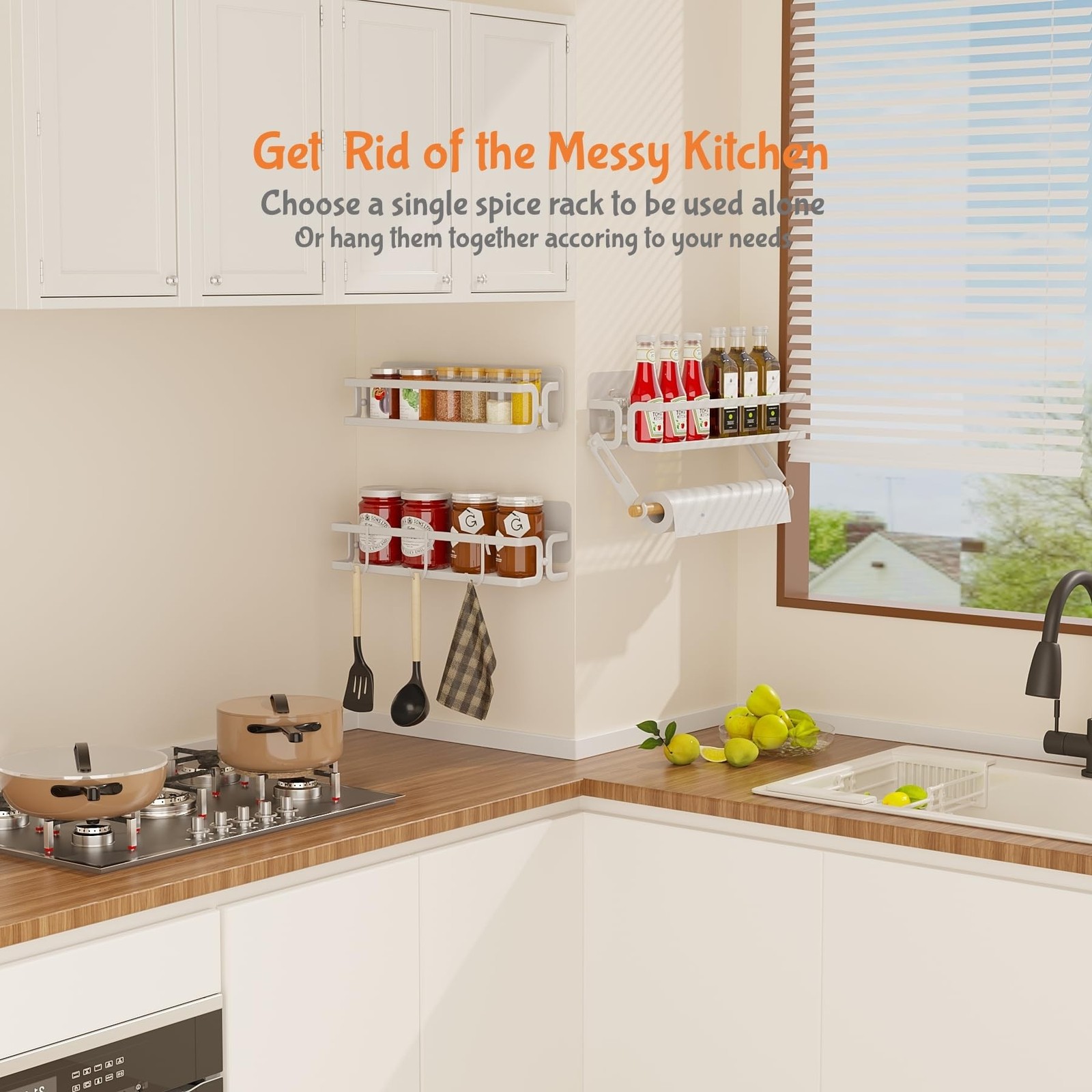 3 Pack Spice Rack Wall Mount With Paper Towel Holder and Hooks, Screw or Adhe…