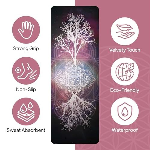Yoga Mat Non Slip 72×24 Inch 6mm Thick Suede TPE Tree of Life Design with Strap